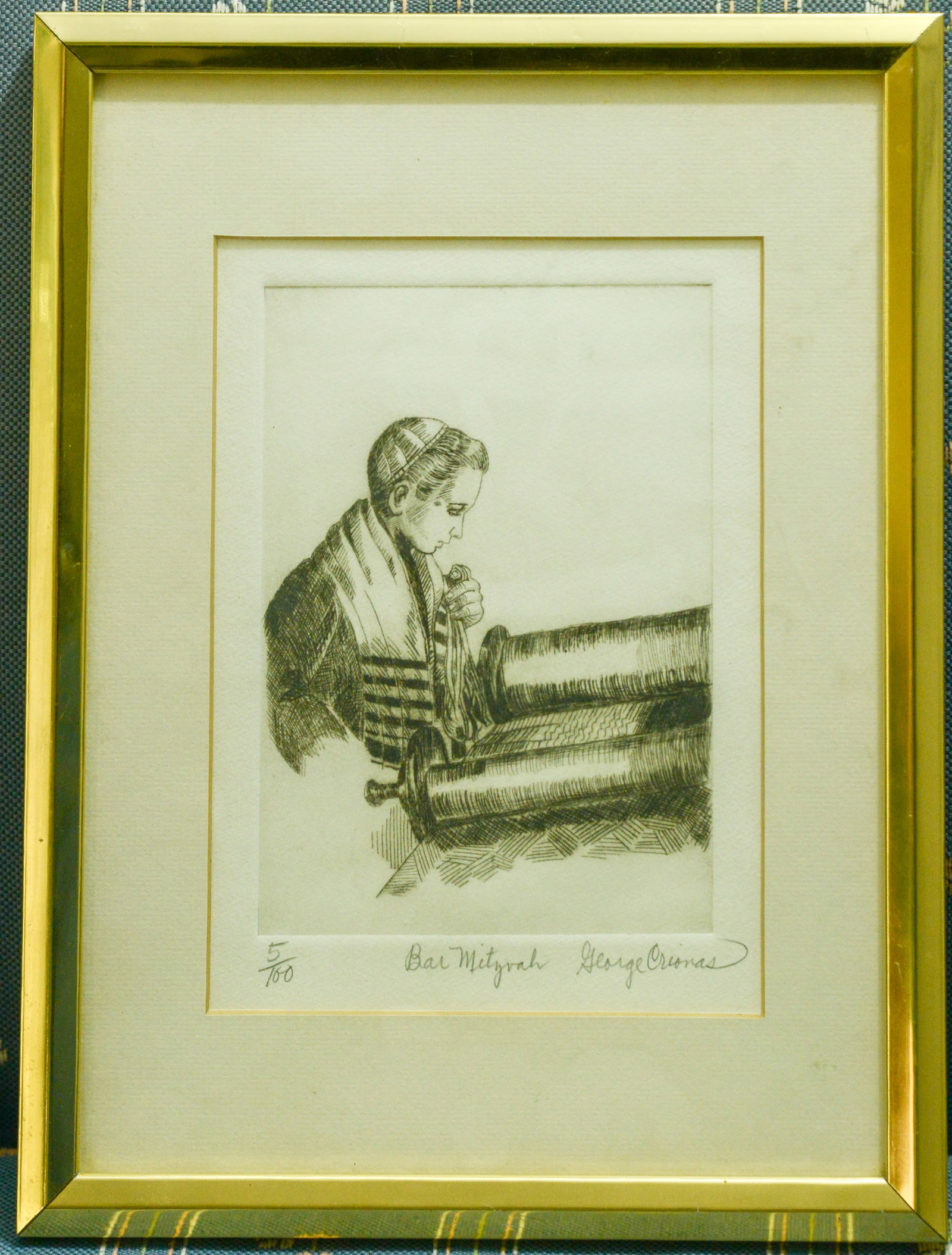 George Crionas (1925-2004). Bar Mitzvah.: Engraving on paper, pencil signed, framed, 13 x 10 inches.