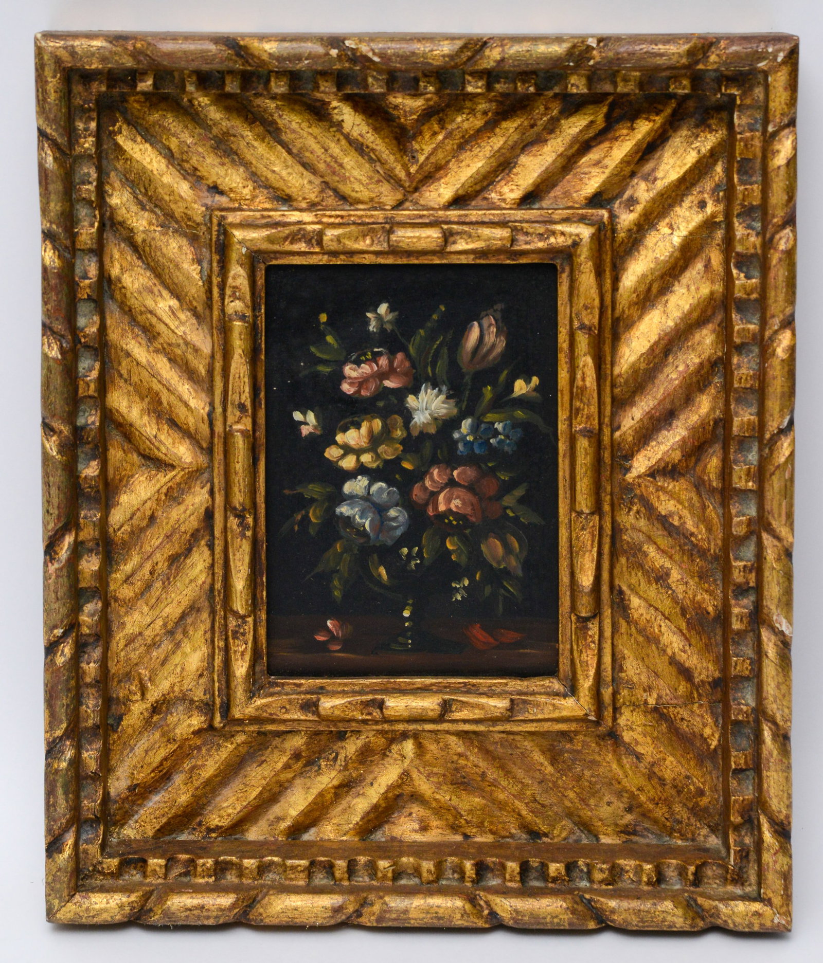 Still Life With Flowers.: Oil on board, 7.25 x 5 inches. In an ornate frame, 13 x 11 inches.