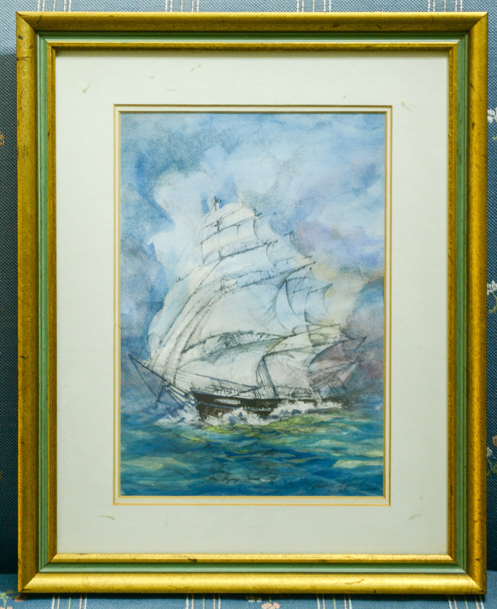 Allen Hawks. Flying Cloud.: Watercolor on paper, framed, 15.5 x 12.5 inches.
