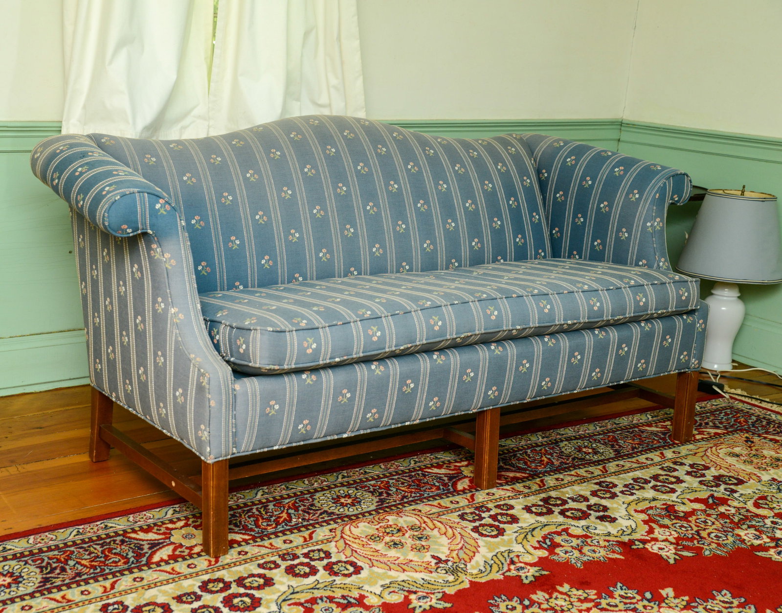 Hepplewhite Style Sofa.: Length 72 inches, depth 33 inches. Good condition, some light wear. NO SHIPPING AVAILABLE. This item must be picked up Friday, June 19th in Kennebunkport, Maine.