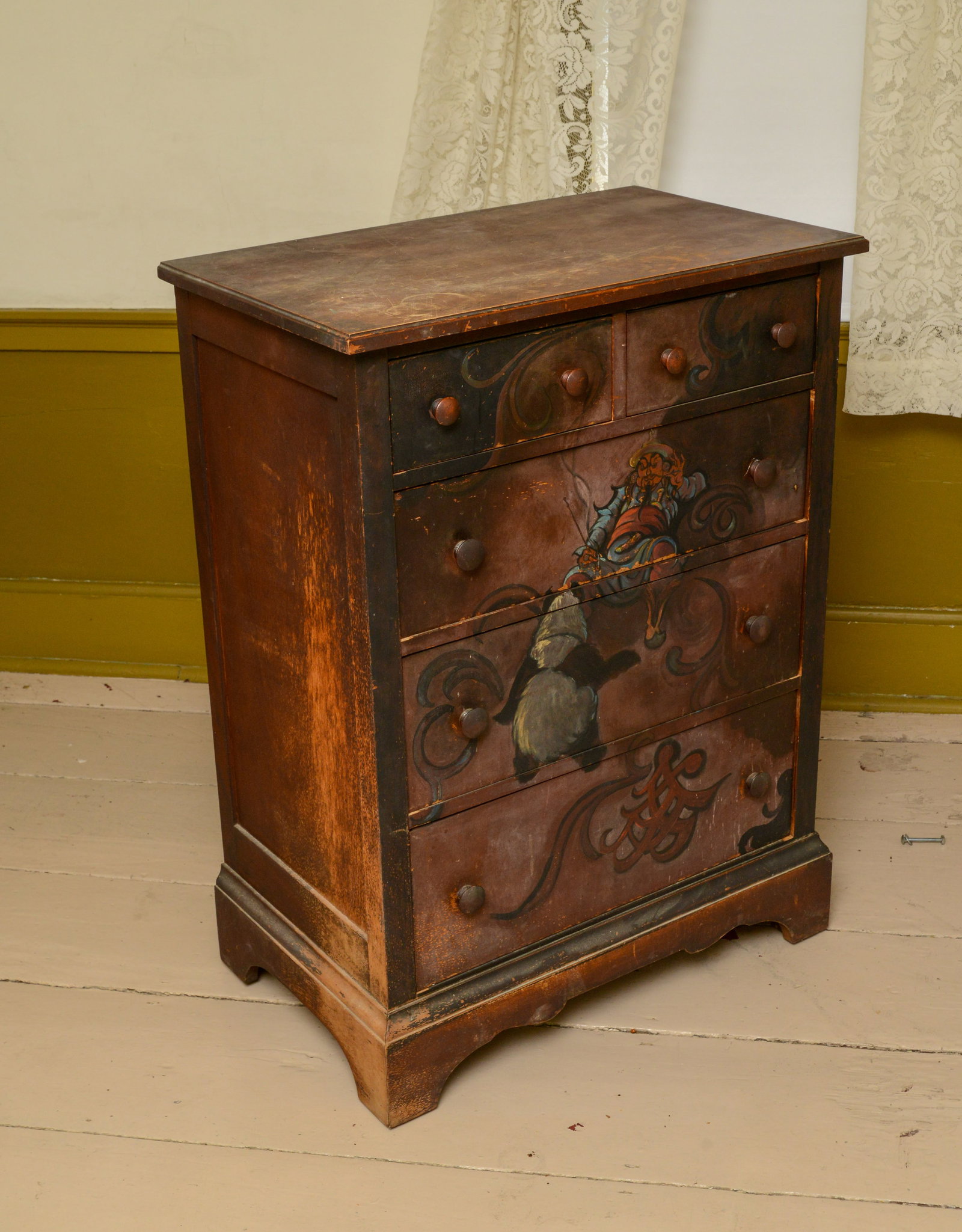 Paint Decorated Chest of Drawers.: Height 40 inches, width 28 inches, depth 17 inches. NO SHIPPING AVAILABLE. This item must be picked up Friday, June 19th in Kennebunkport, Maine.
