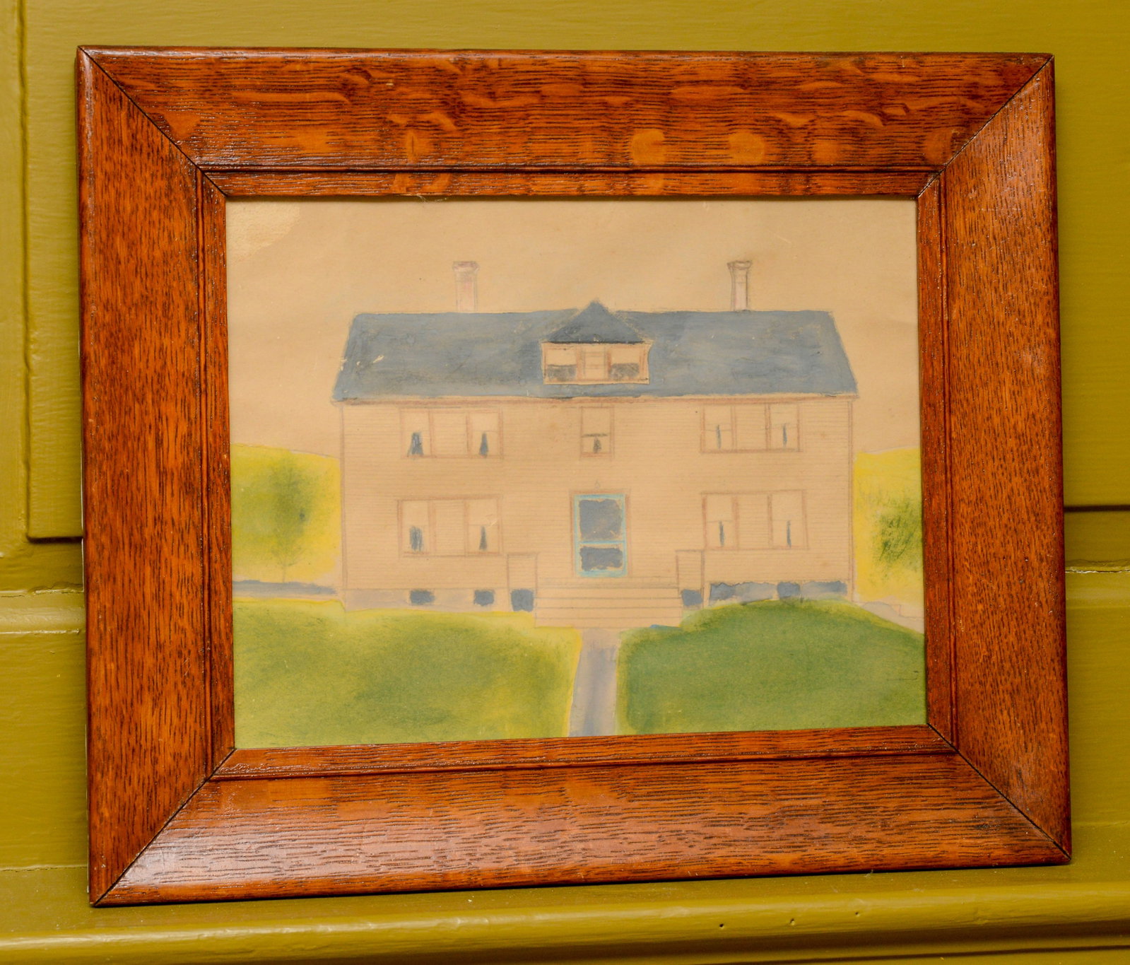 Folk Art Watercolor of a House.: Framed, 11.5 x 14 inches.
