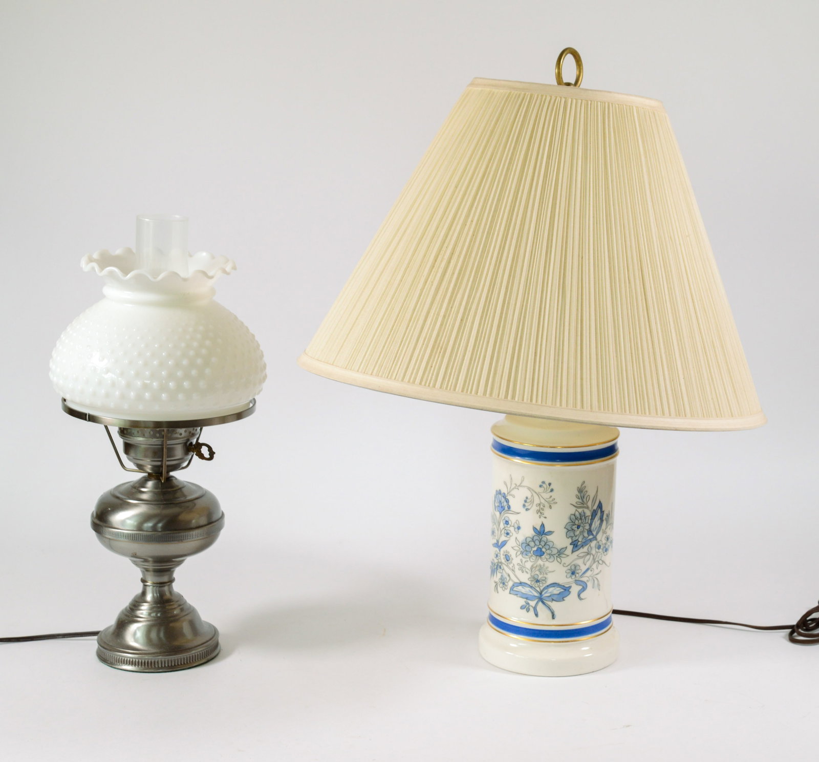 Two Table Lamps.: One with hobnail glass shade, height 18 inches.