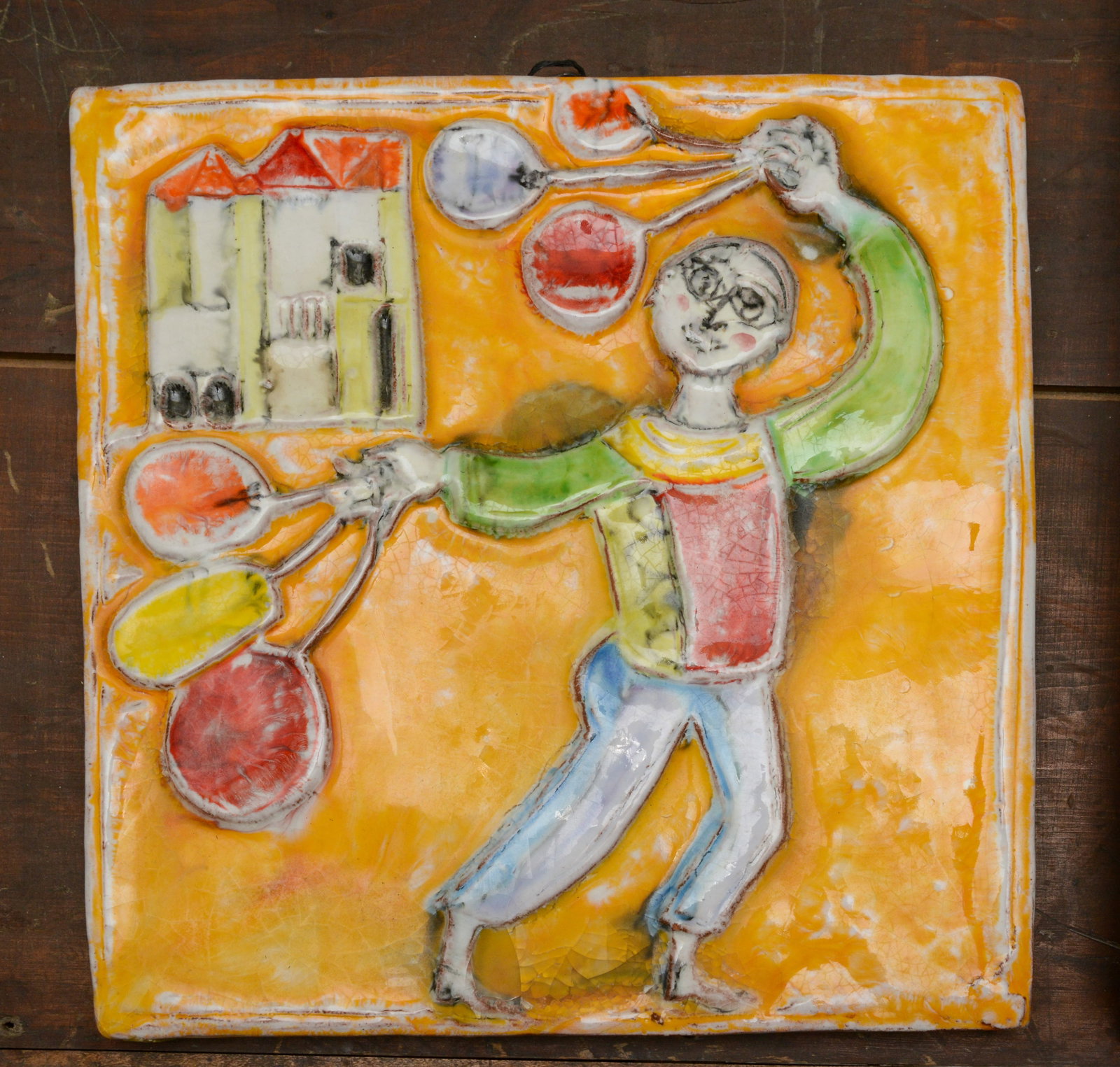 Ceramic Plaque: Boy With Balloons.: 13.5 x 13 inches, signed Desimone.