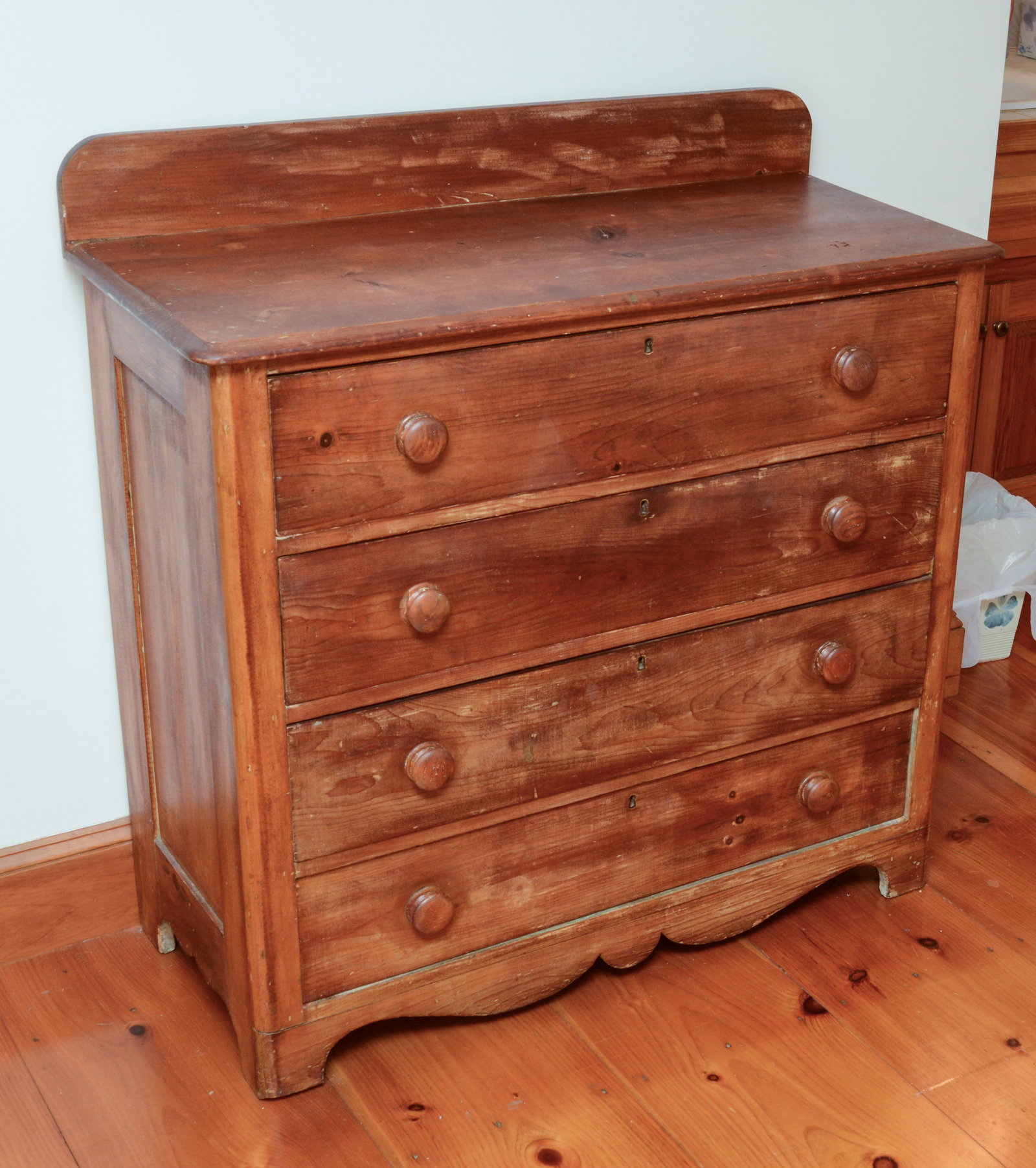 Pine Chest of Drawers.: Height 35 inches, width 38 inches, depth 17 inches. NO SHIPPING AVAILABLE. This item must be picked up Friday, June 19th in Kennebunkport, Maine.