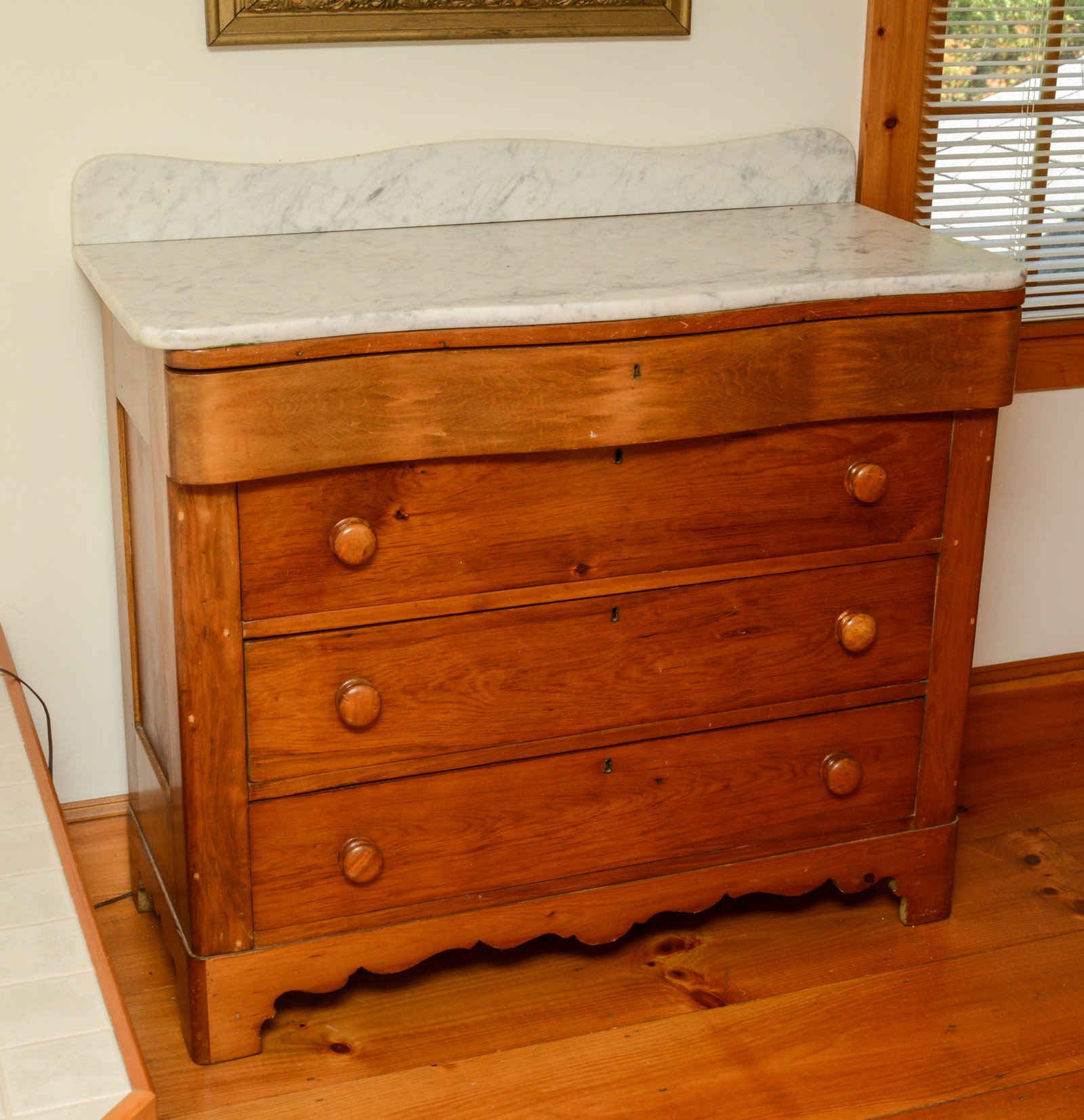 Marble Topped Pine Chest of Drawers.: Height 38 inches, width 44 inches, depth 20 inches. NO SHIPPING AVAILABLE. This item must be picked up Friday, June 19th in Kennebunkport, Maine.