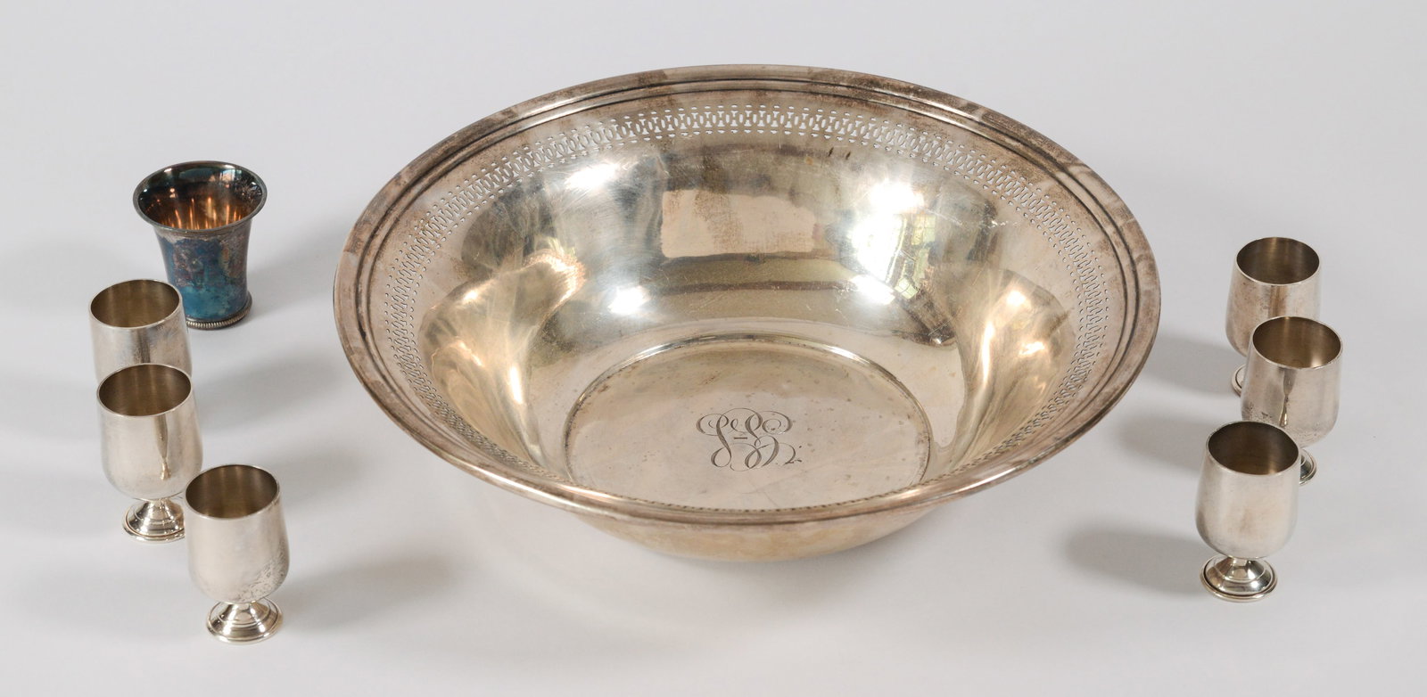 Sterling Silver Bowl, Six Cordials, and a Shot Glass.: Diameter of bowl 10.25 inches, 416 grams.