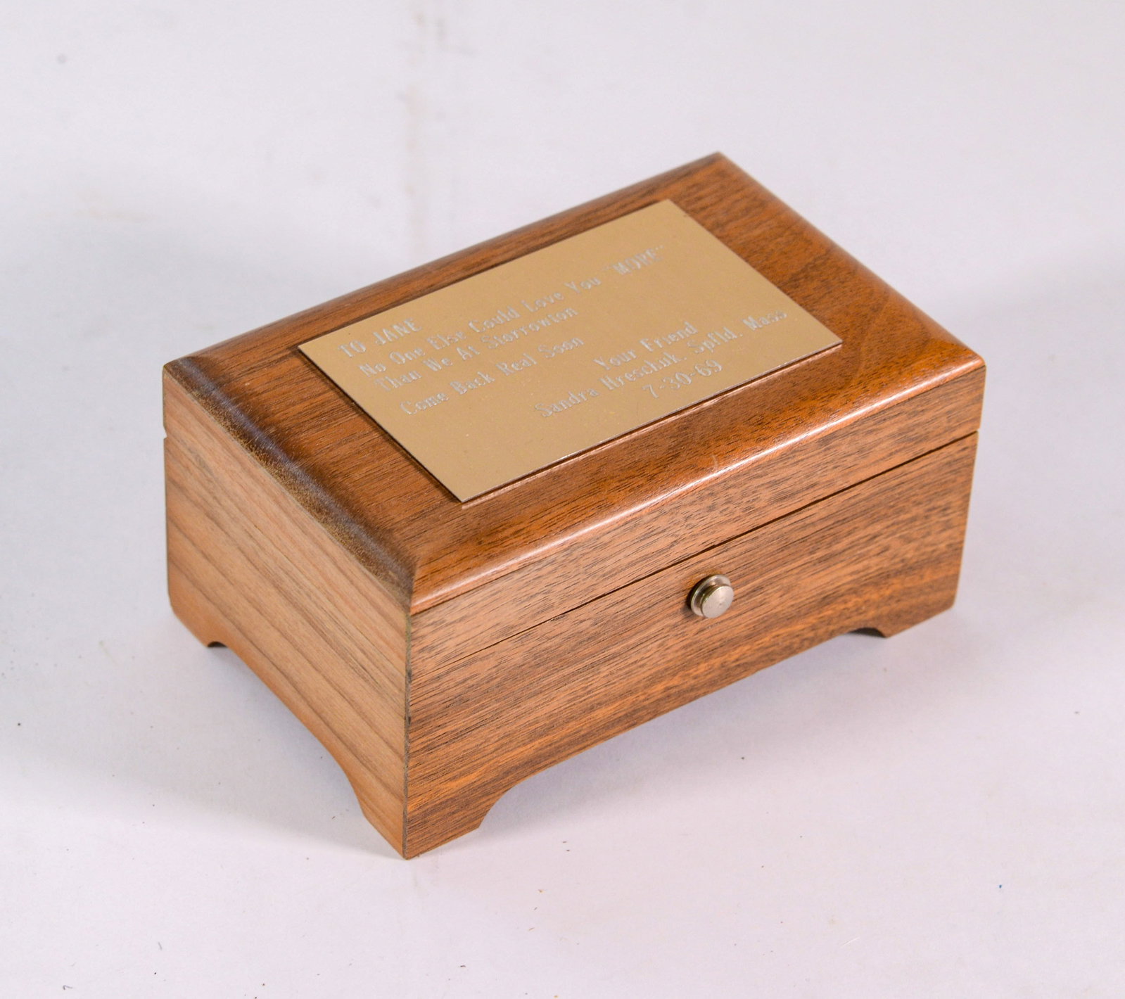 Thorens Music Box, Gifted to Jane Morgan.: With brass plaque from Sandra Hreschuk, 1969. 6 3.5 x 3 inches.