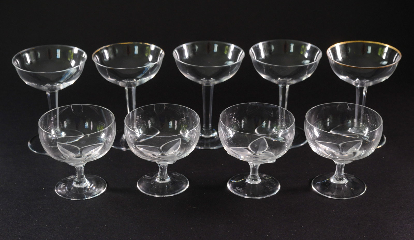 Nine Baccarat and Rosenthal Stem Glasses.: Five Baccarat, height 5.75 inches, and four Rosenthal.