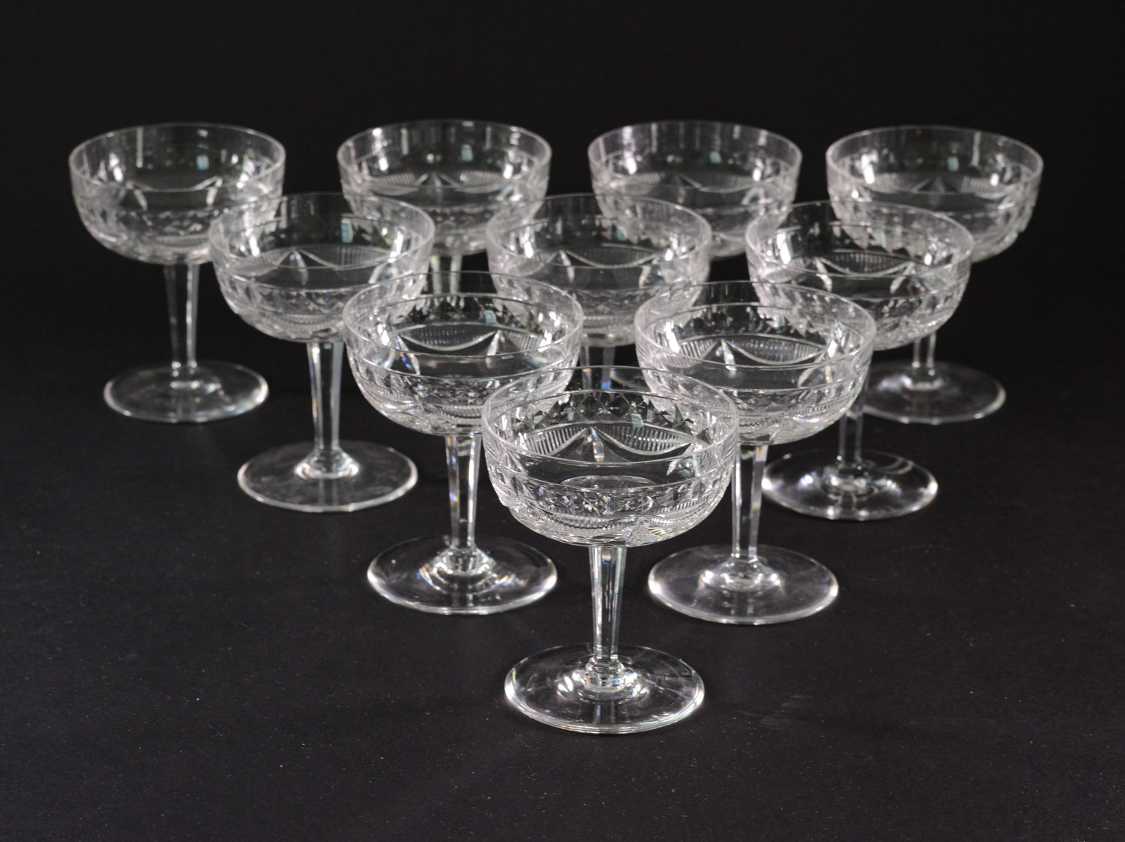 Ten Cut Glass Stem Glasses.: Height 5 inches.