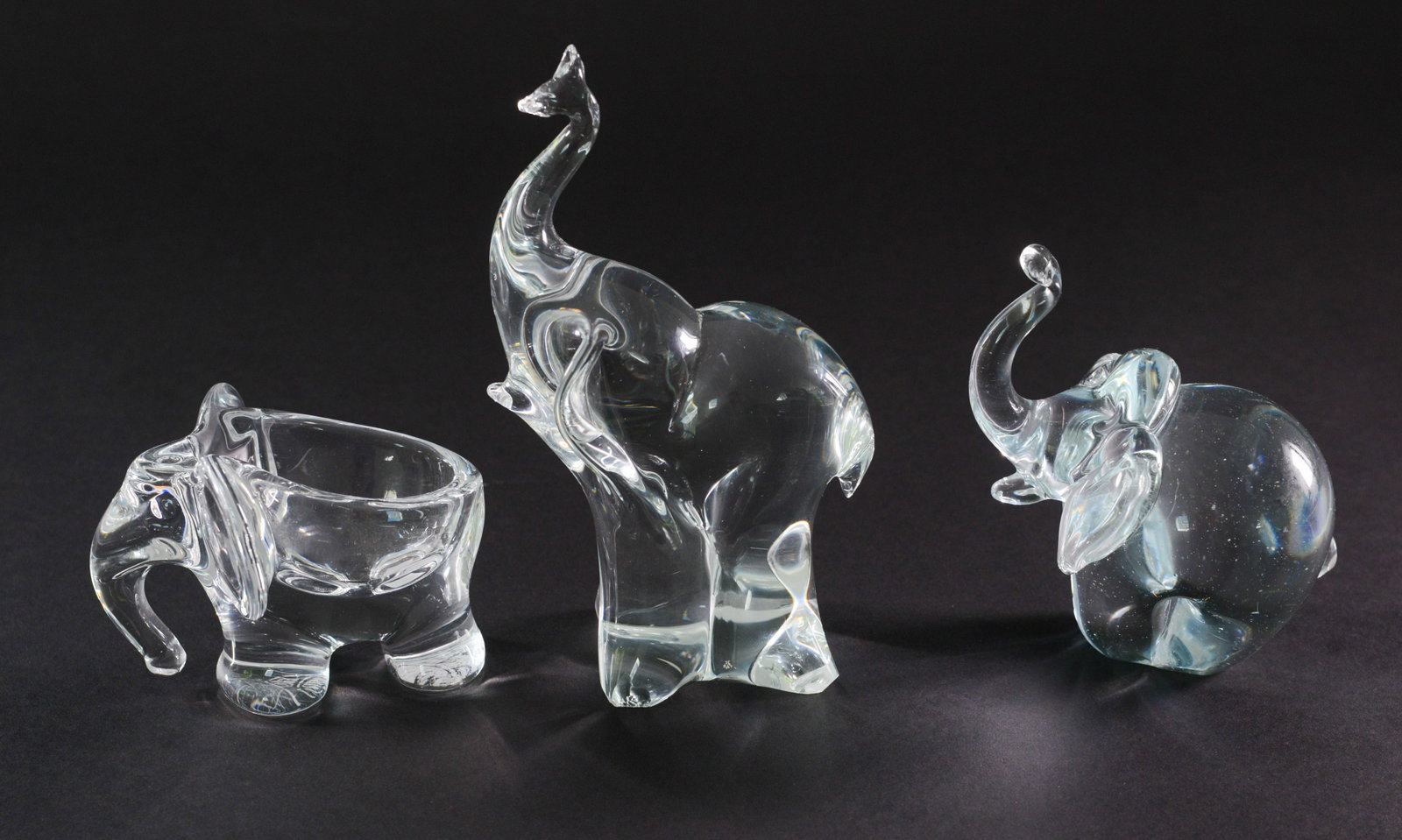 Three Glass Elephants.: Height of tallest 7.5 inches. Some chips.
