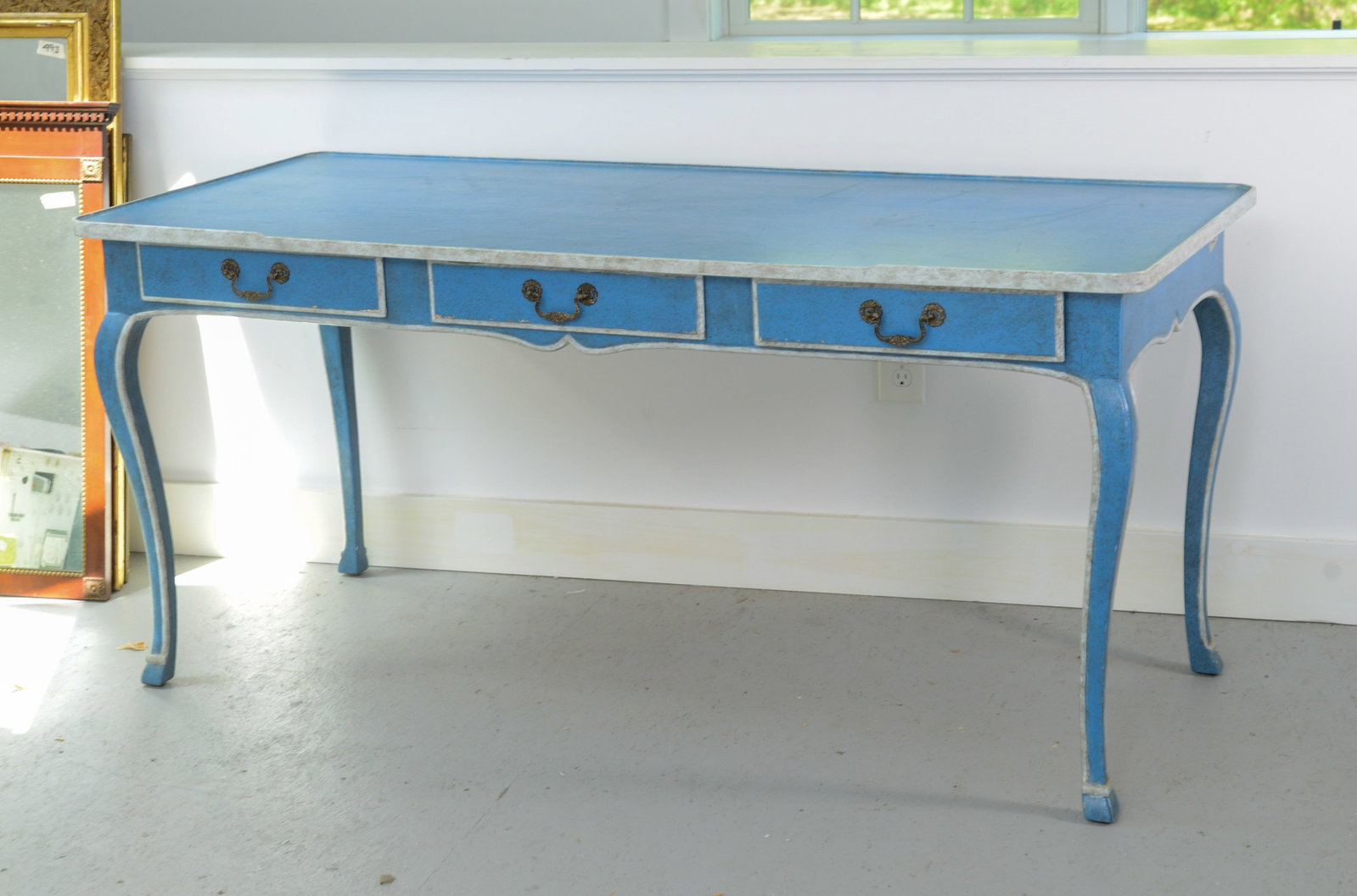 French Provincial Style Table in Blue.: Height 30.5 inches, length 65 inches, depth 28 inches.