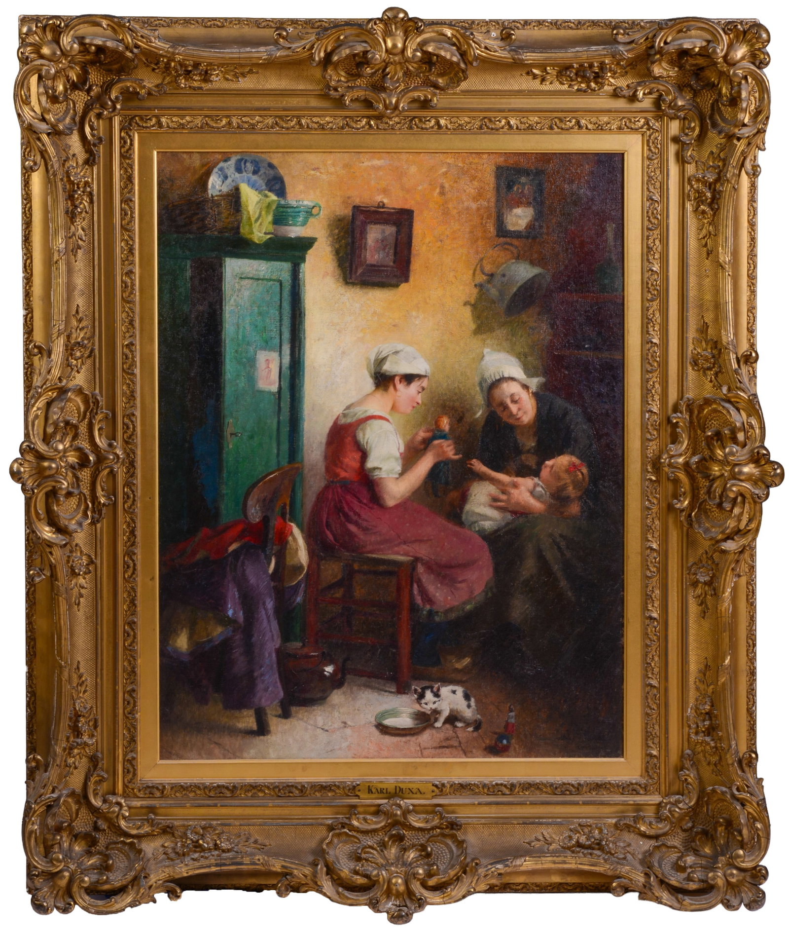 Large 19th Century Genre Scene Painting.: Oil on canvas, 28 x 36 inches. Magnificent 19th century frame, 43 x 53 inches.