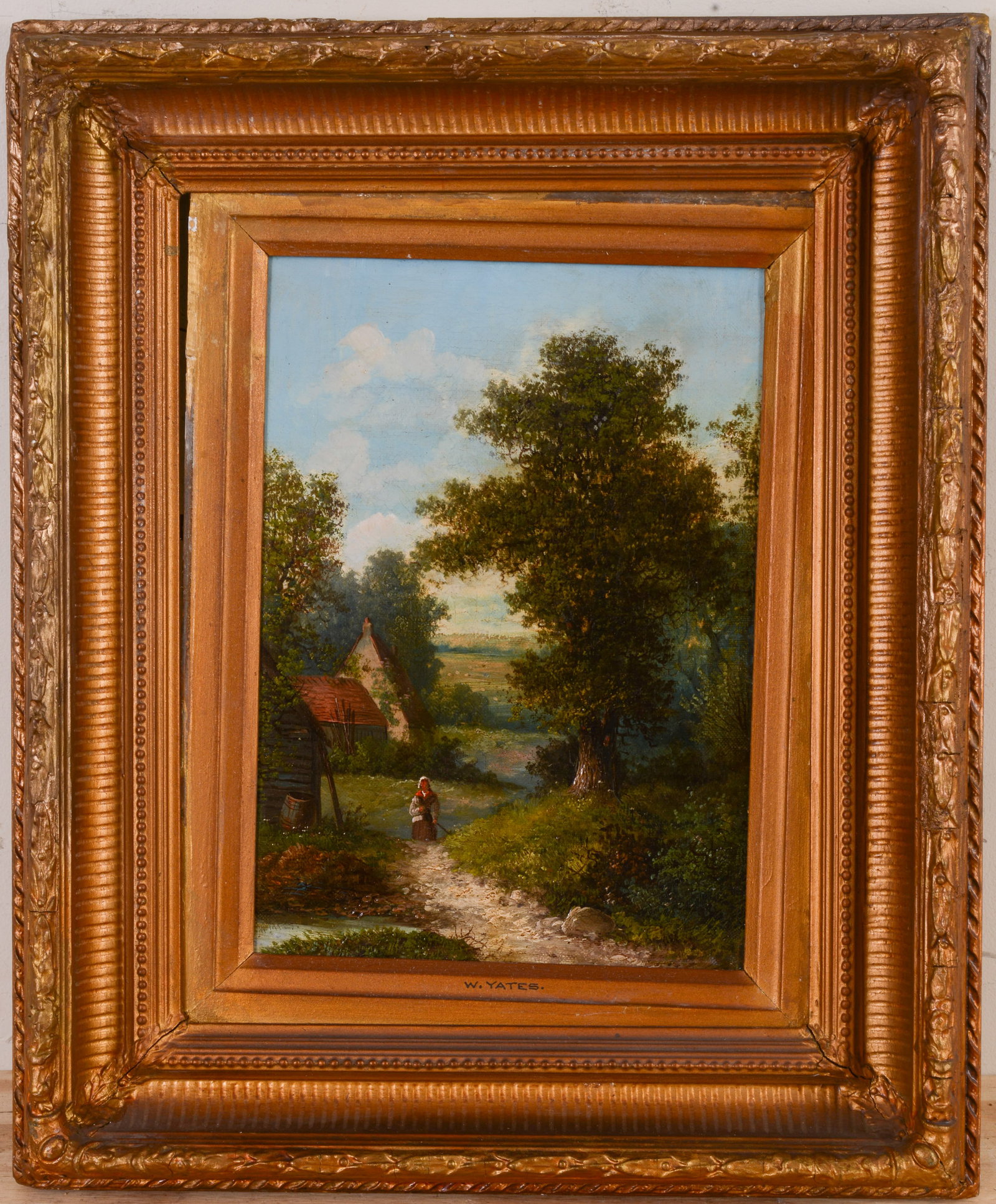 W. Yates 19th Century UK Landscape Lady walking a trail.: Signed LL. Oil on canvas, 10 x 14 1/4 inches. Framed, 18 1/2 x 22 1/4 inches.