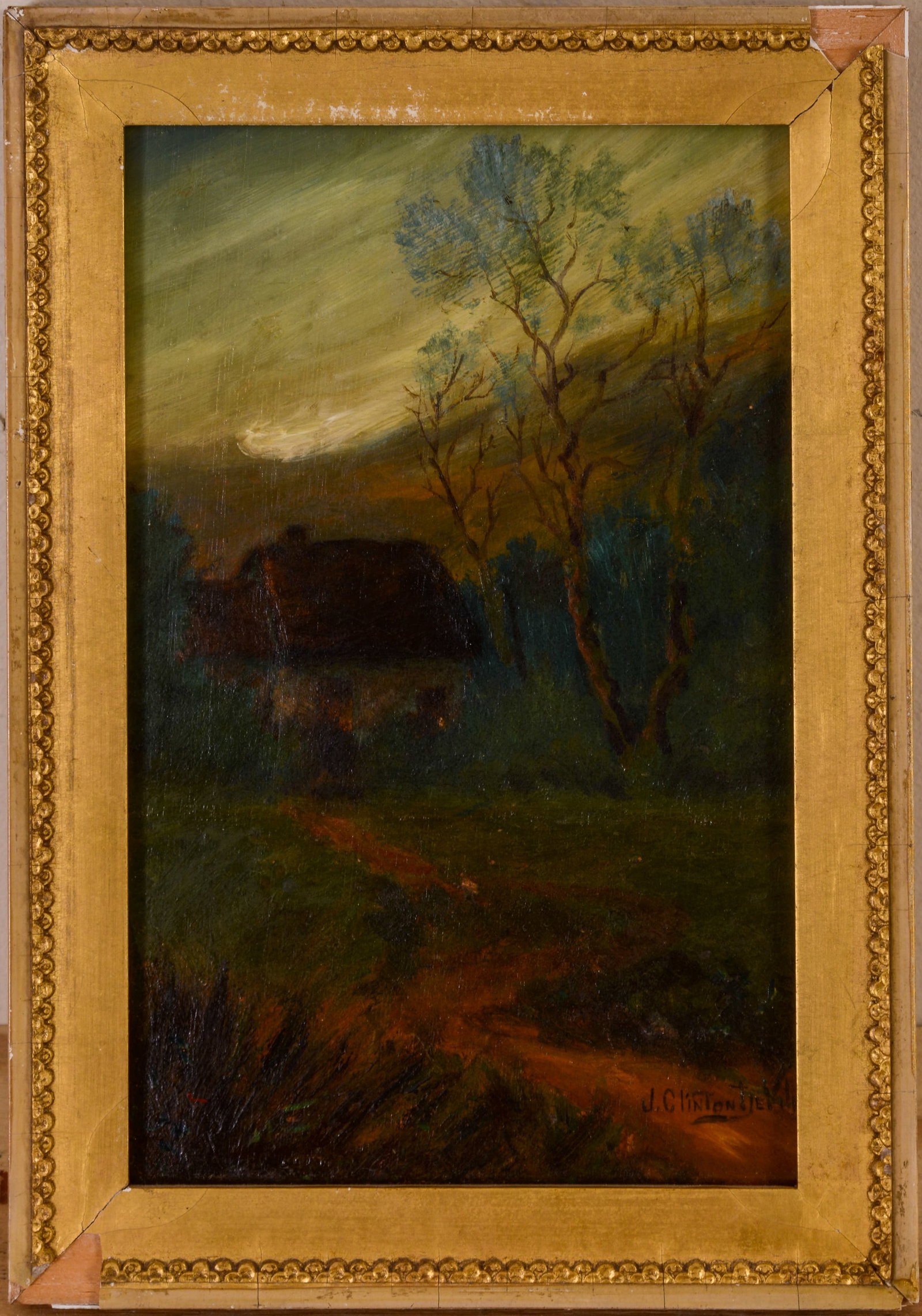 Joseph Clinton Devillis (1878-1912). Country Cabin.: Oil on panel, 9.5 x 6.25 inches, signed lower right. In a gilt frame liner.