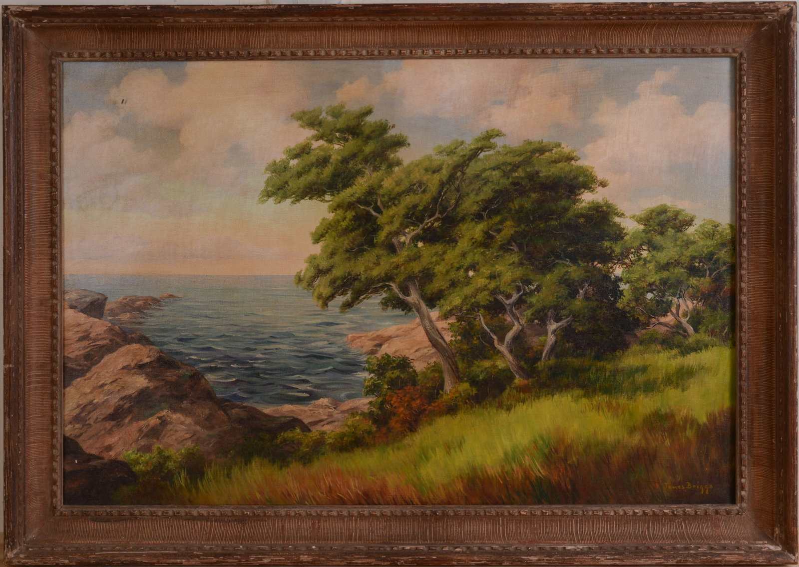 James Franklin Briggs (1878 - 1952 Massachusetts) Quiet Coastal Scene.: Oil on canvas, 24 x 36 inches, signed lower right. In a period frame, 29 x 41 inches.