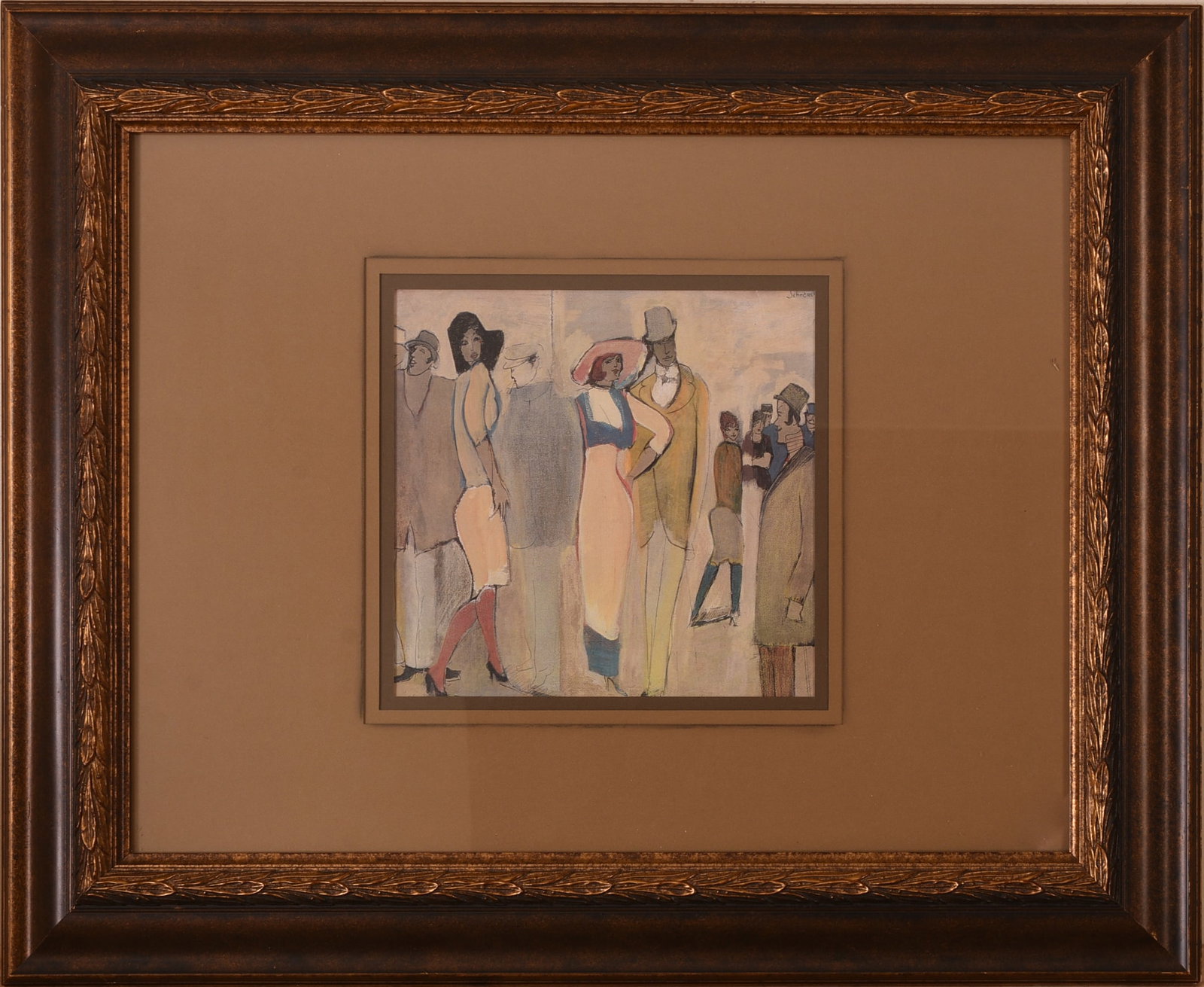 David Schneuer (1905-1978) Israel, Germany, Hungary). Fashionable Crowd.: Enhanced Colored Print. Signed upper right 10 1/2 x 10 3/4 inches, sight. Frame 25 x 31 inches.