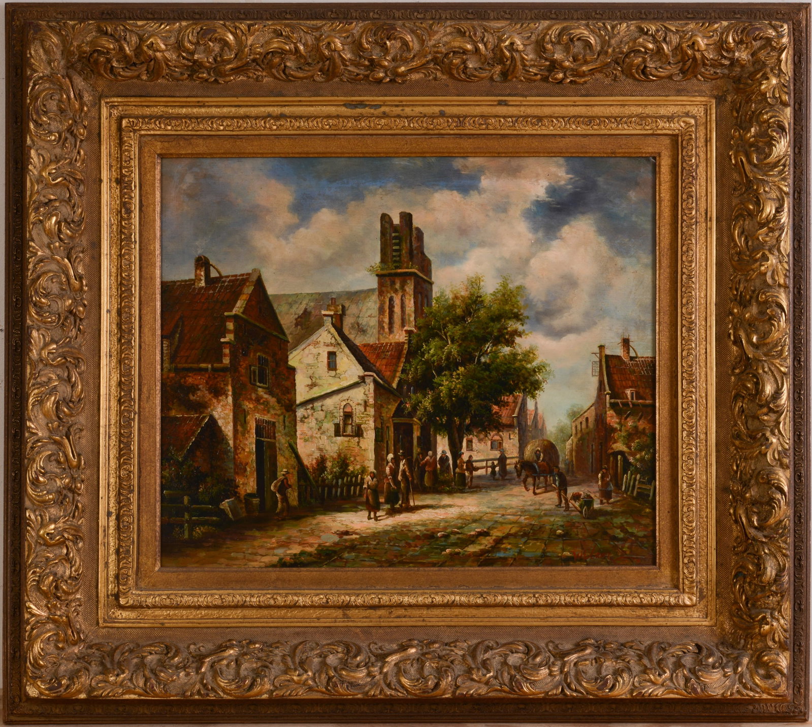 18th Century Village Scene: Oil on canvas, signed LR, 20 x 24 inches. In an ornate frame, 34 x 37 1/2 inches.