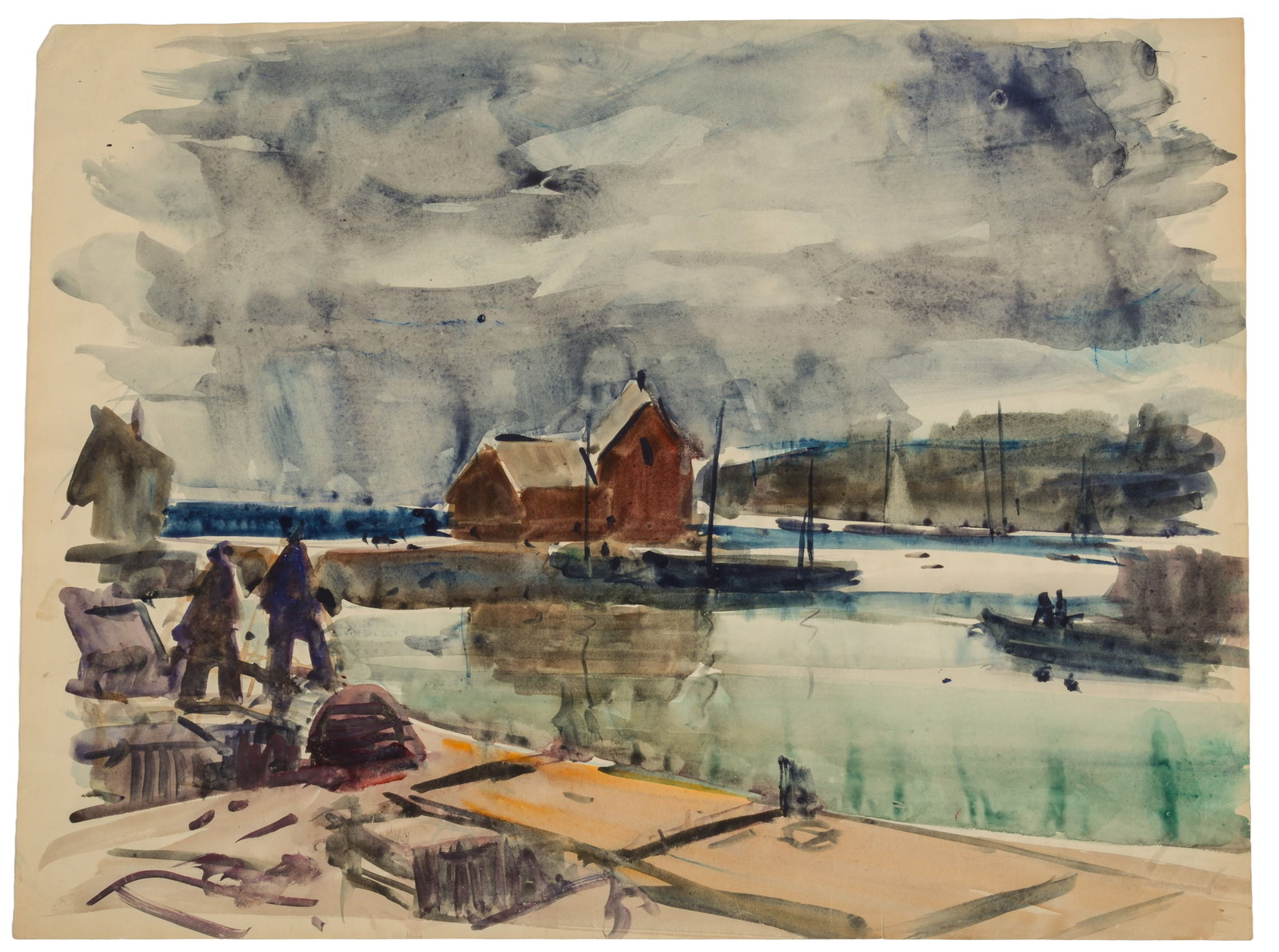 Carl William Peters (1897-1980). Harbor Scene.: Watercolor on paper, 15 x 22 inches, estate stamp on verso.