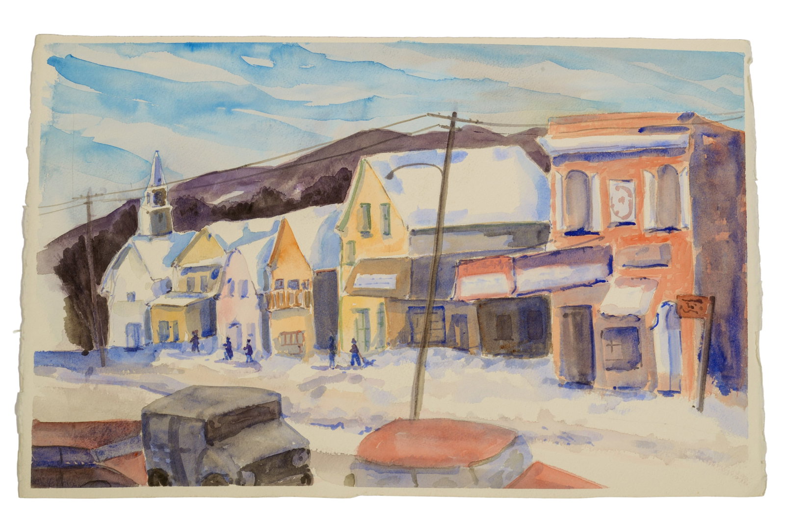 Carl William Peters (1897-1980). Winter Streetscape.: Watercolor on paper, 15 x 22 inches, estate stamp on verso.