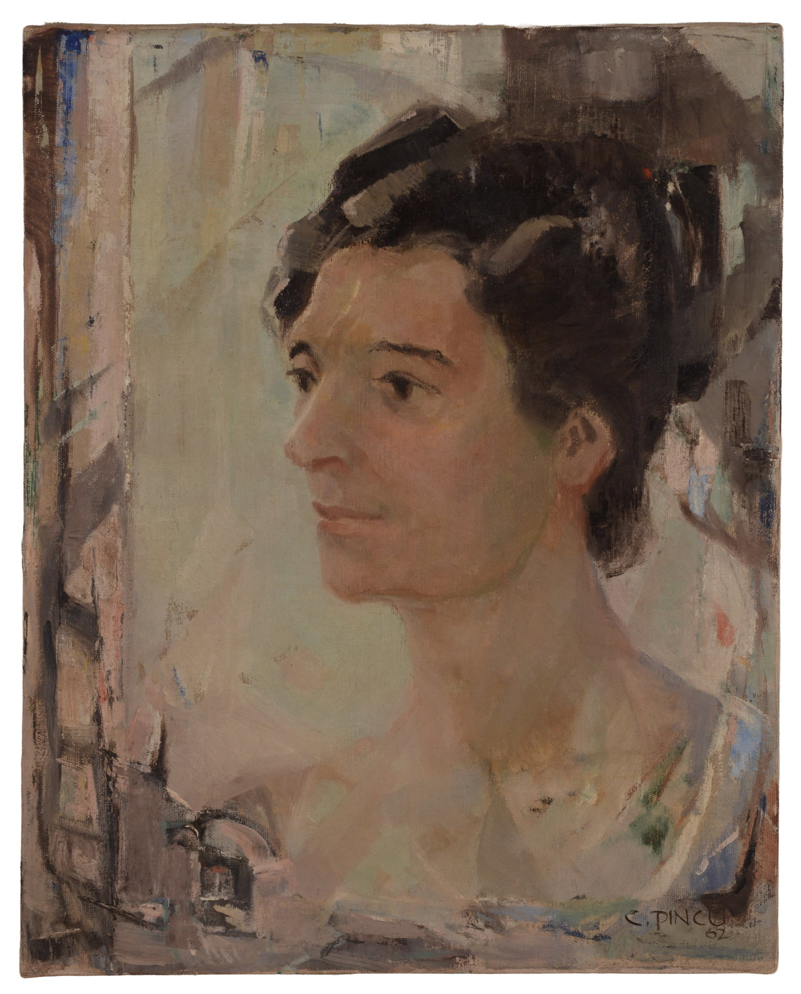 Mid Century Portrait of a Woman.: Oil on canvas, 20 x 16 inches, signed and dated 1962.