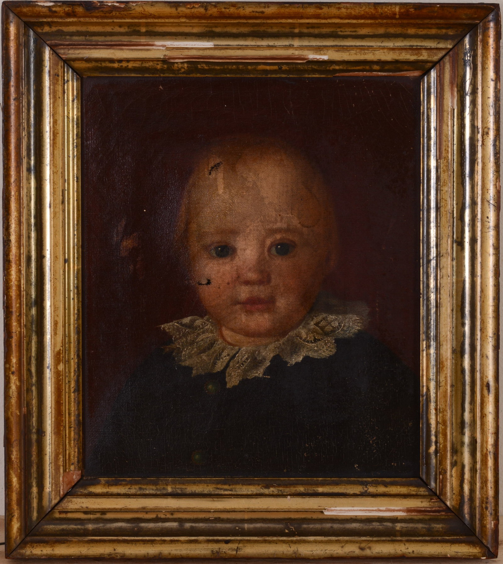 19th Century American School Portrait of a Girl.: Oil on canvas, 10.5 x 8.5 inches. Framed, 13 x 11.5 inches. Two small tears.