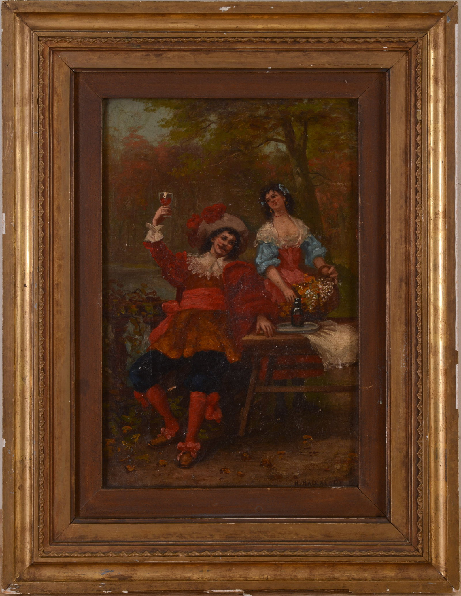 European Style Genre Scene.: Oil on canvas, 12 x 8 inches, signed M. Hall Wood, probably American, circa 1930. Framed, 17 x 13 inches.