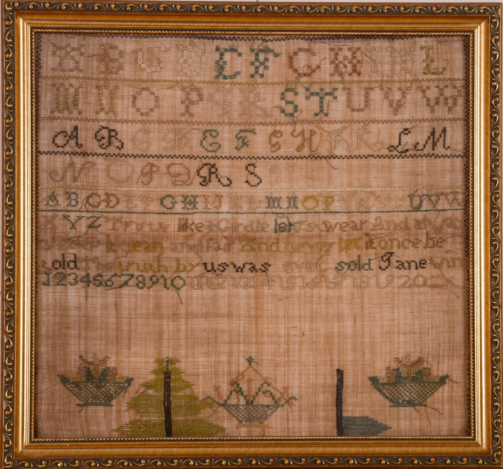19th Century Schoolgirl Sampler.: Truth like a girdle let us wear and always keep it clean and fair and never let it once by old the witch by us was ever sold. Framed, 18 x 19.5 inches. Some fading.