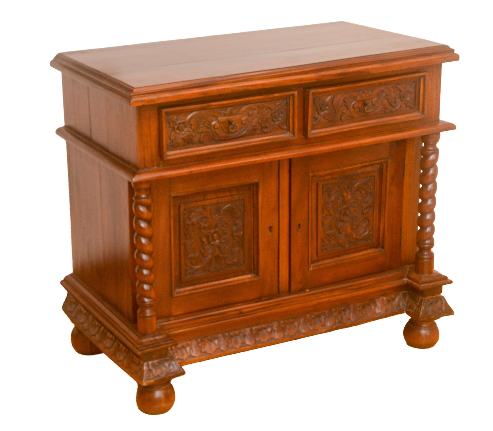 19th Century 20th C Carved Mahogany Server: Having two drawers over two doors. Height 31 1/2 inches, width 32 1/2 inches, depth 18 inches.