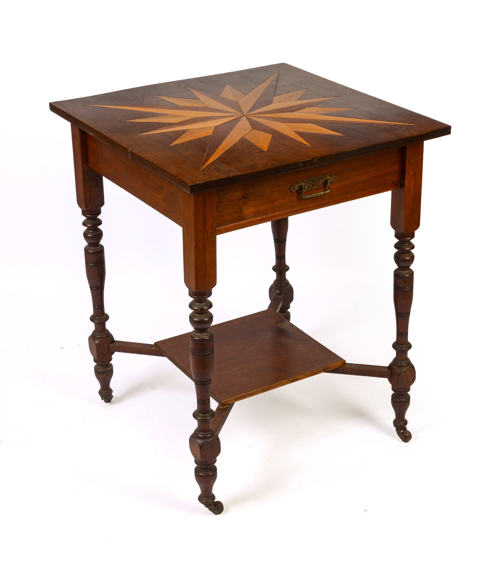 Early 19th Century Mahogany Inlaid Table: Having a Compass Star Inlay on top, with one drawer, nicely turned legs. Height 29 1/2 inches, width 24 inches, depth 23 1/2 inches.