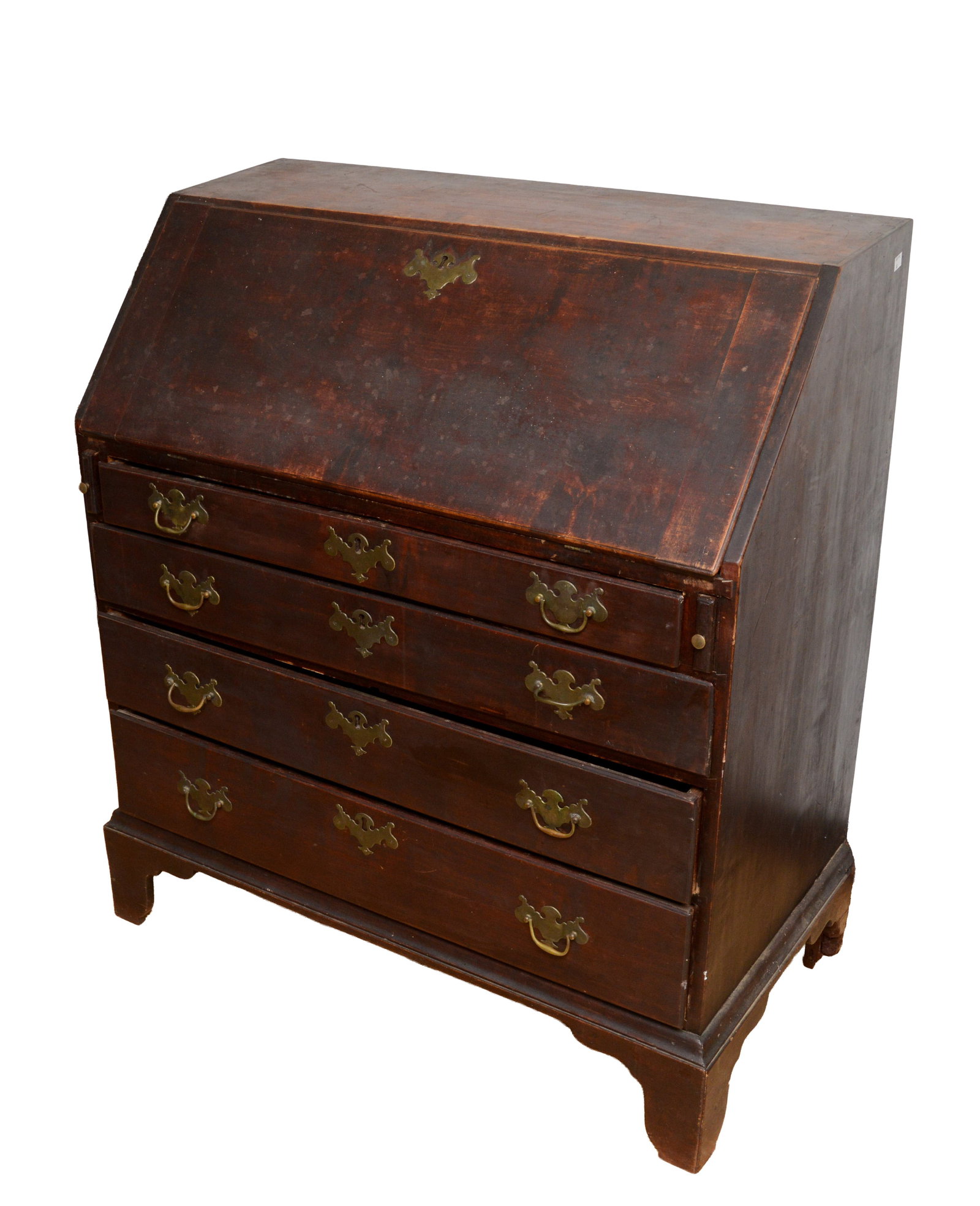 18th Maple Chippendale Slant Front Desk: Nicely Fitted interior with shell carved center door, block front interior drawers, dovetailed through the top. Height 41.25 inches, width 36", depth 19 inches.