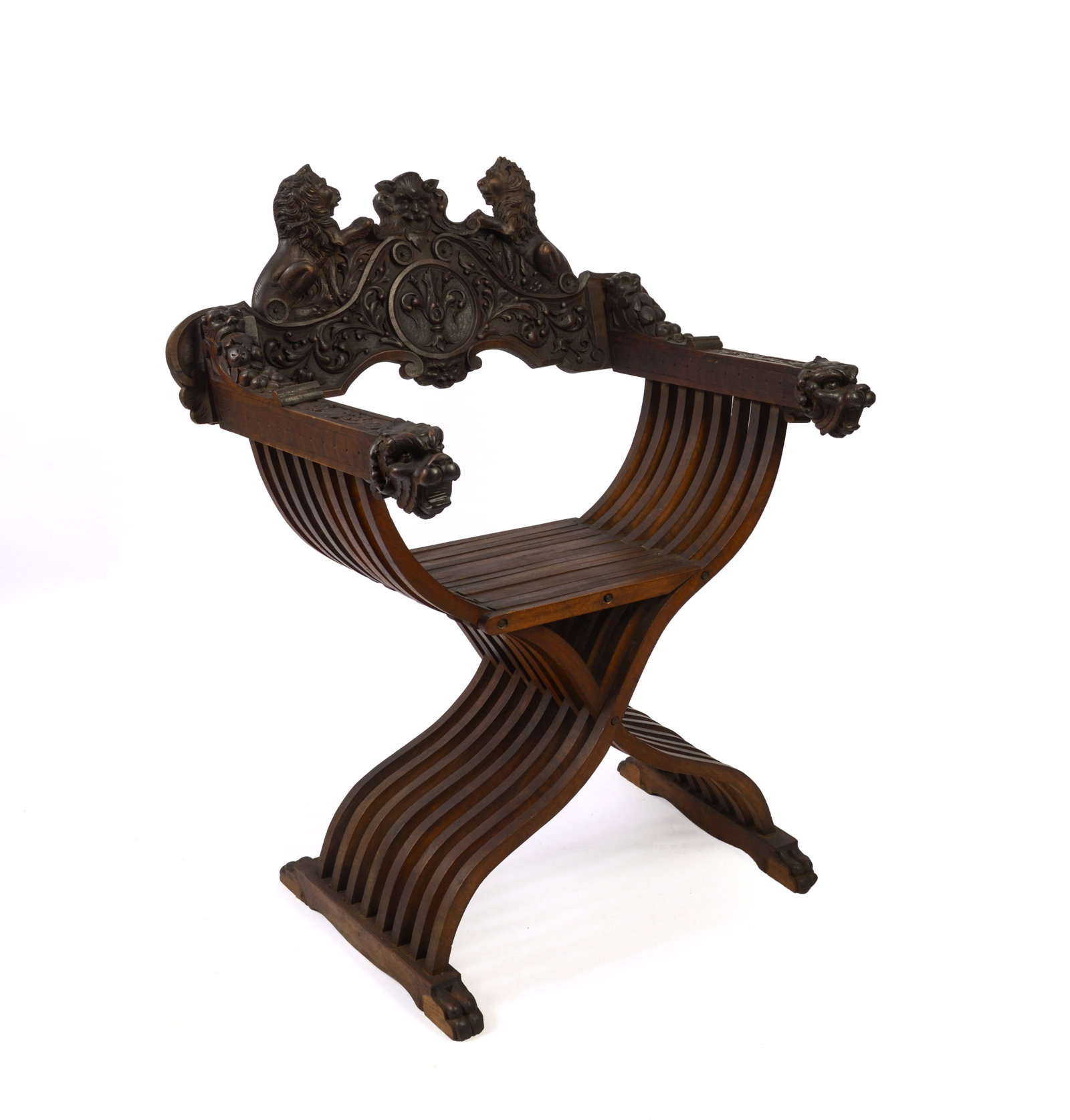 19th Century Savonarola Chair.: Seat height 18 inches, overall height 37 inches, width 29 inches, depth 23 inches. Losses to feet.