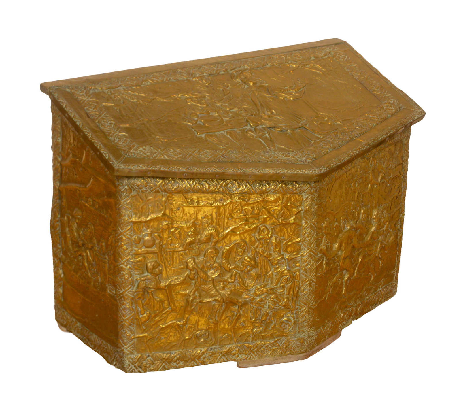 Early 20th Century Pentagonal Shaped Brass Storage Box.: 23 1/2 x 32 x 18 inches.