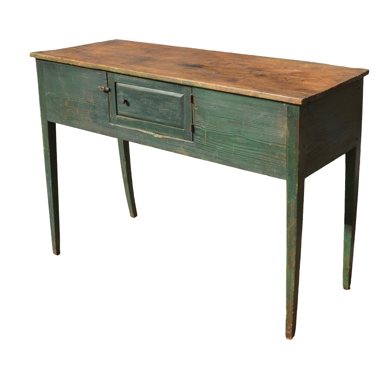 RARE SOUTHERN PINE HUNTBOARD IN GREEN PAINT.: Height 37.5 inches, length 53.5 inches, depth 20 inches. Warp to one leg, later paint.
