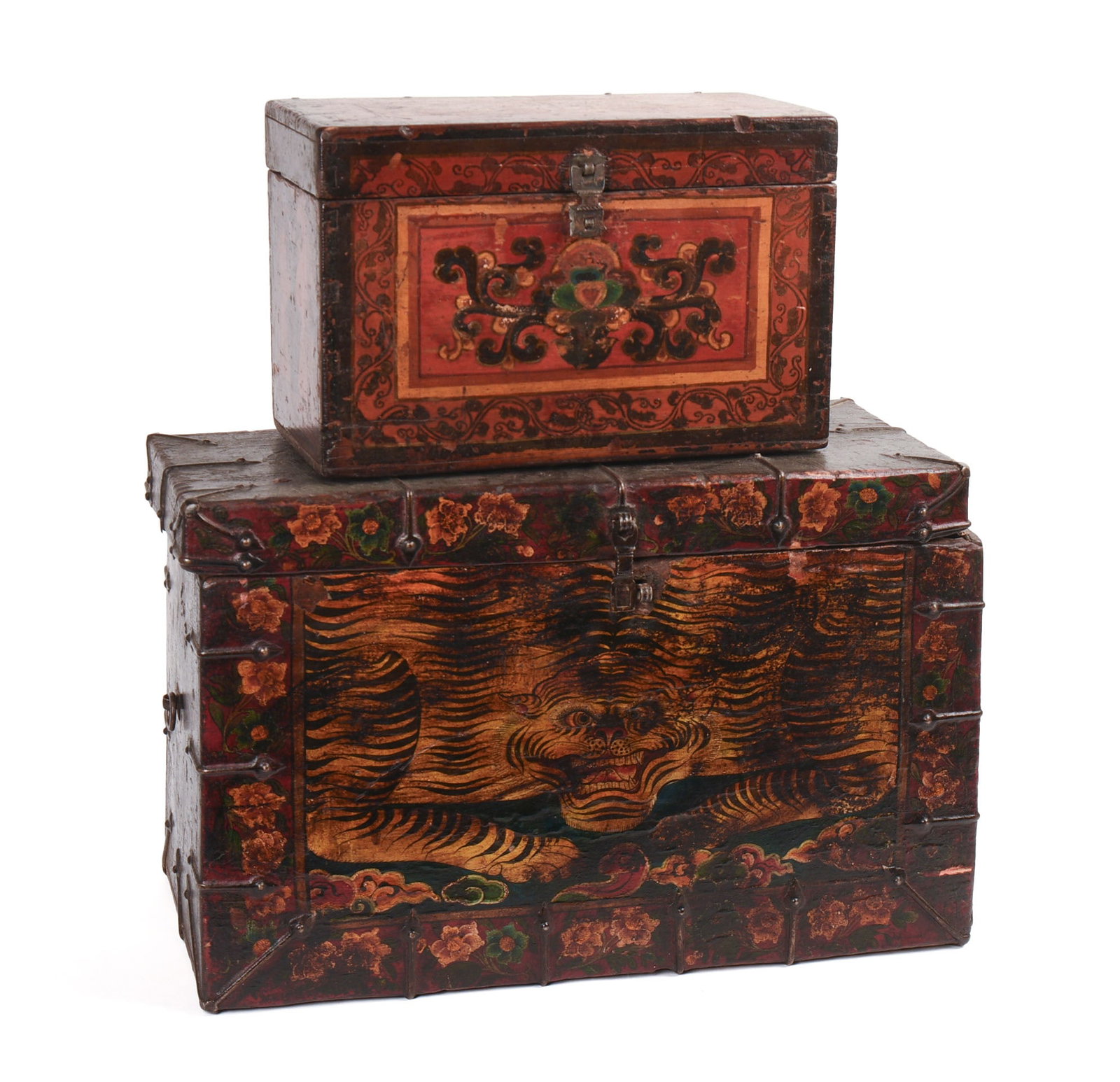 Two Tibetan Hand Painted Boxes.: 13 x 19 x 9 and 8 x 13 x 6.5 inches.