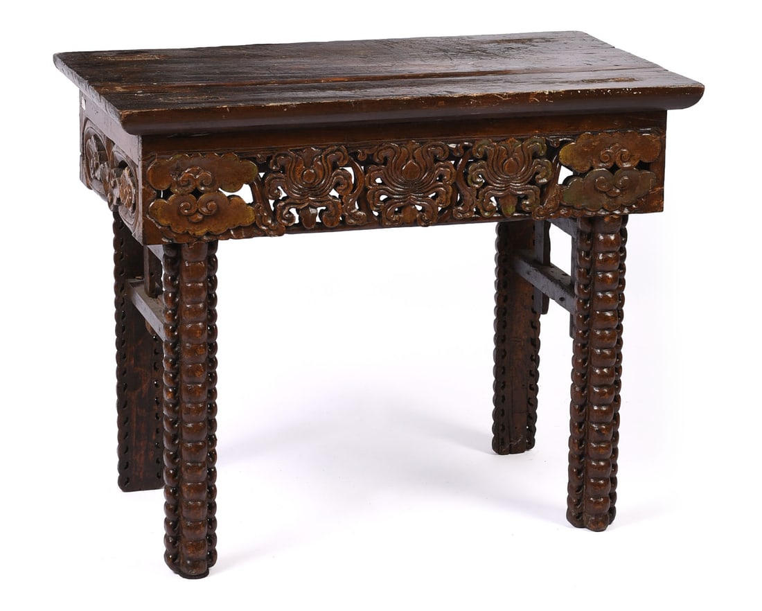 Asian Carved Altar Table.: Height 28 inches, length 35 inches, depth 20.5 inches.