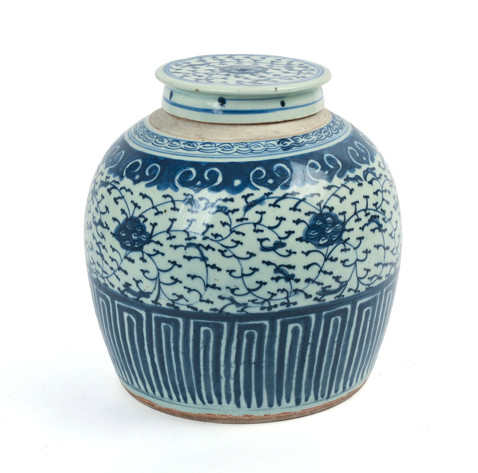 Antique Chinese Blue and White Porcelain Covered Jar: Height 9.5 inches. Lid appears to be a later addition.