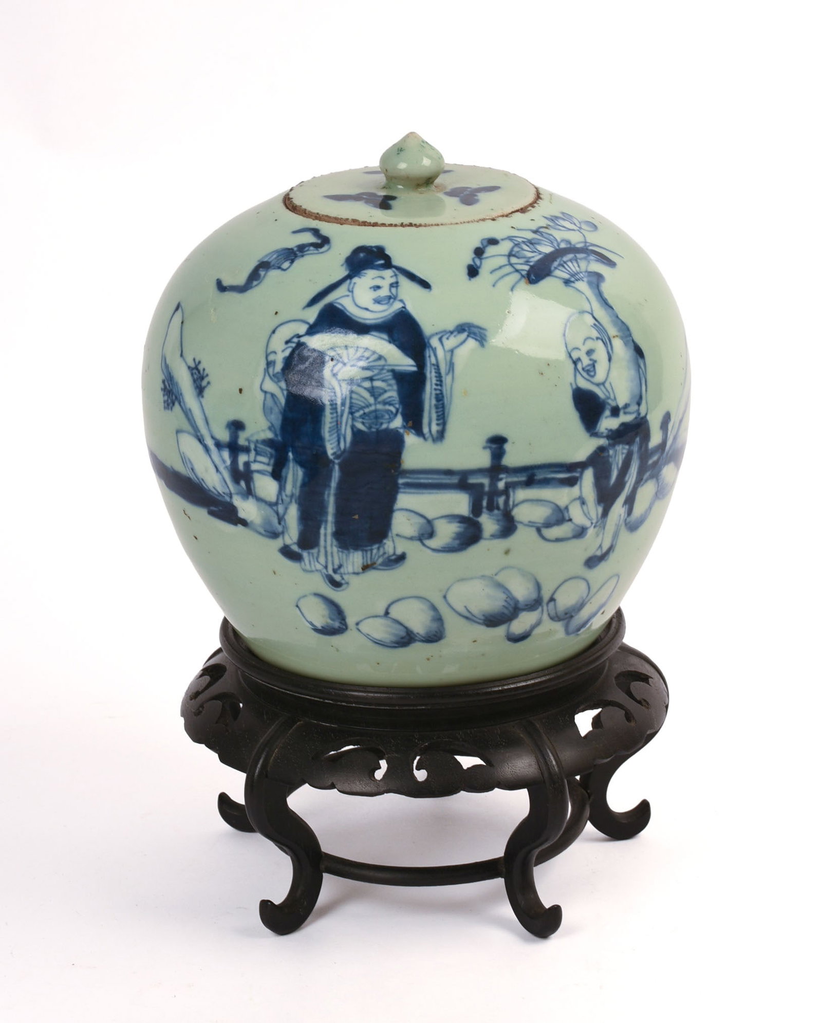 Chinese Blue & White Ginger Jar.: With hardwood stand. Height 7.5 inches. A few rim chips.