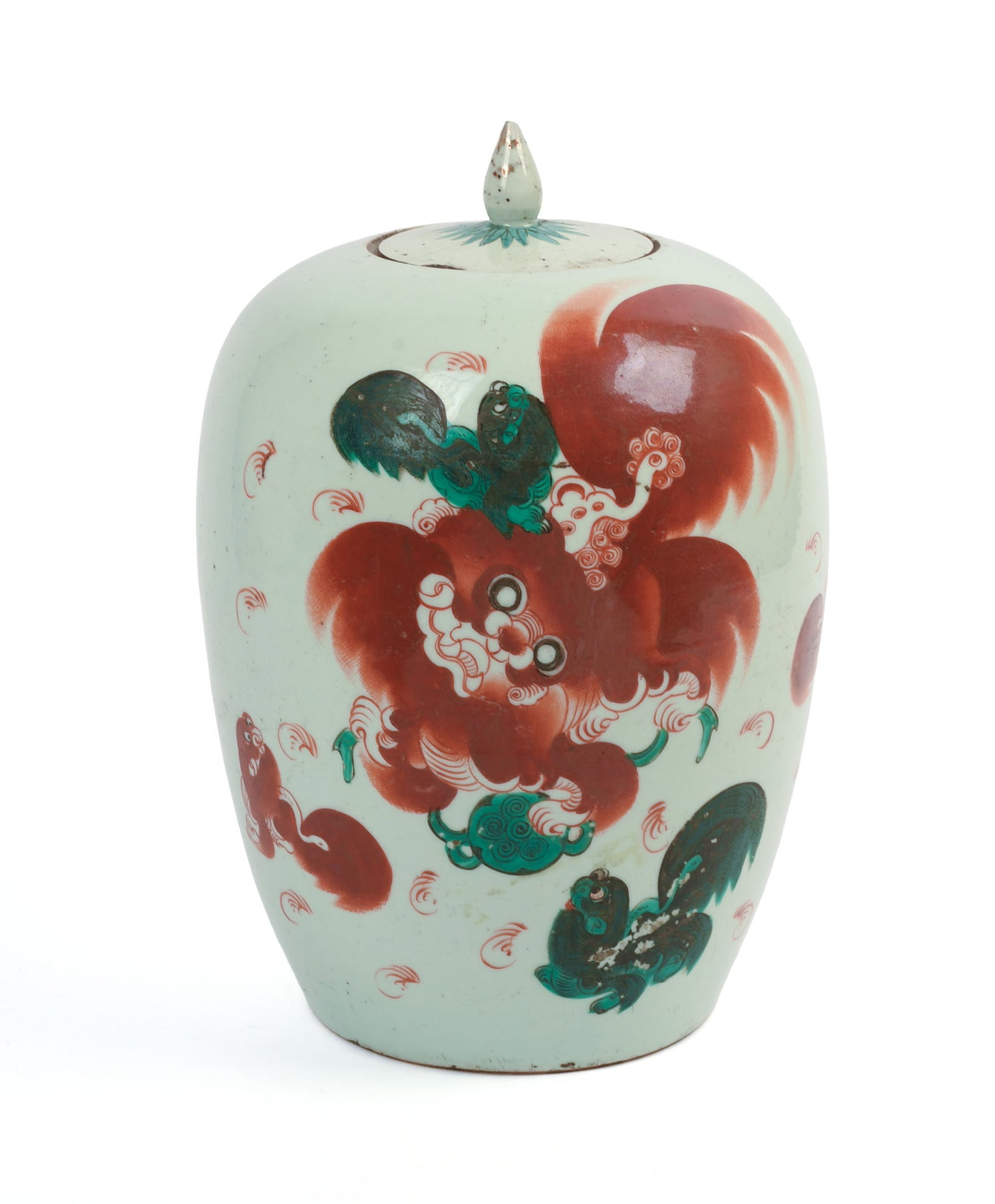 Large Chinese Covered Jar With Foo Dog.: Height 12 inches. Associated lid with repaired break, jar with some surface loss and chips at foot rim.