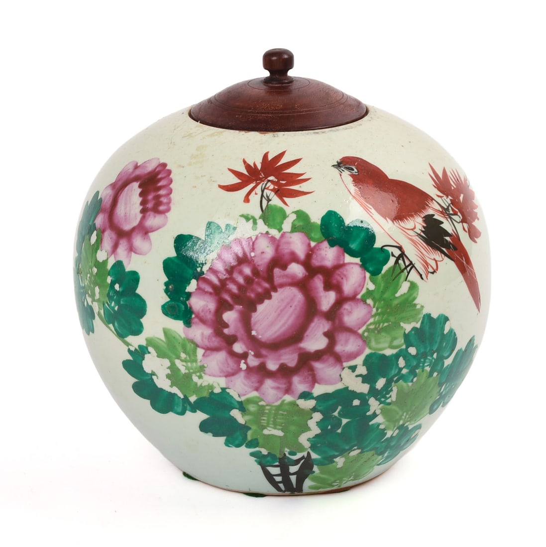 Chinese Covered Jar With Bird and Peony.: Height 7.5 inches.