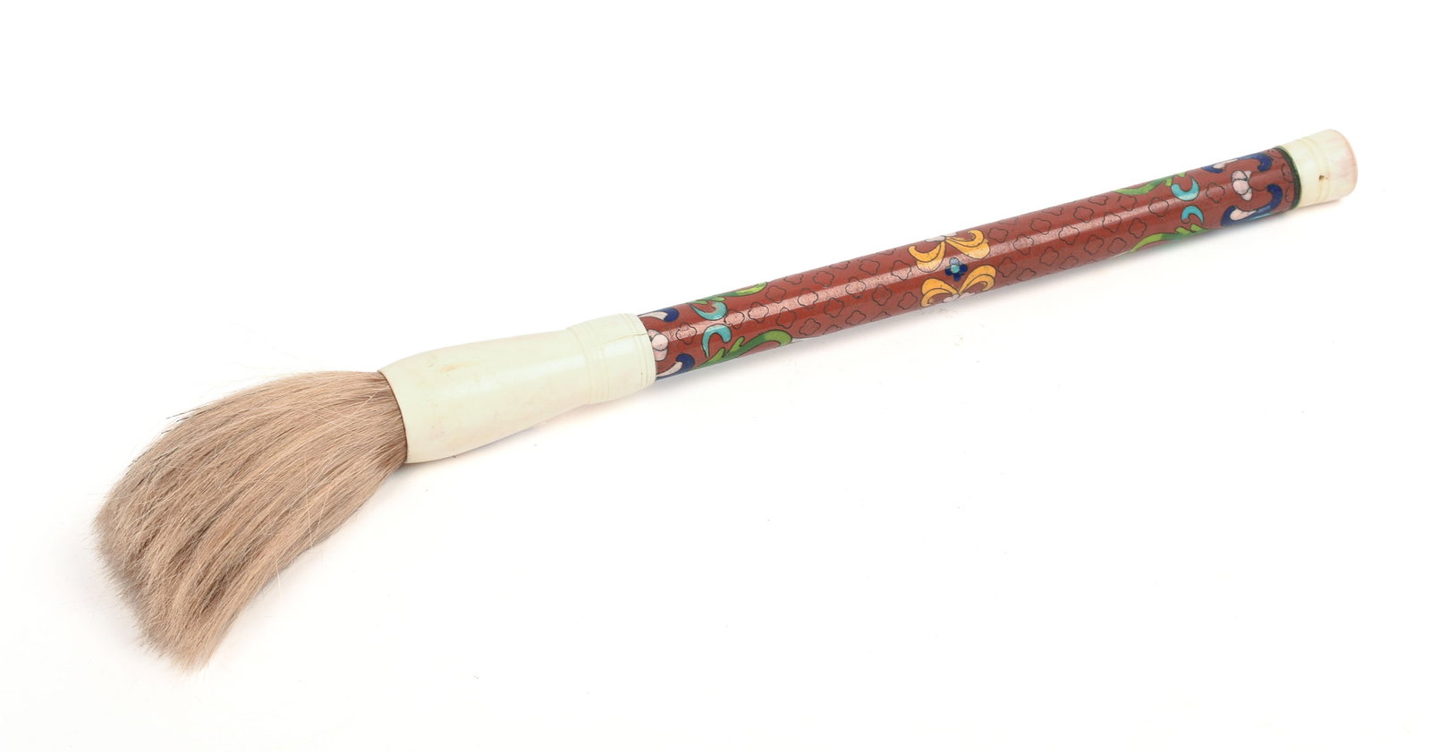 Chinese Calligraphy Brush With Cloisonne Handle.: Length 16 inches. Small cracks at connection point