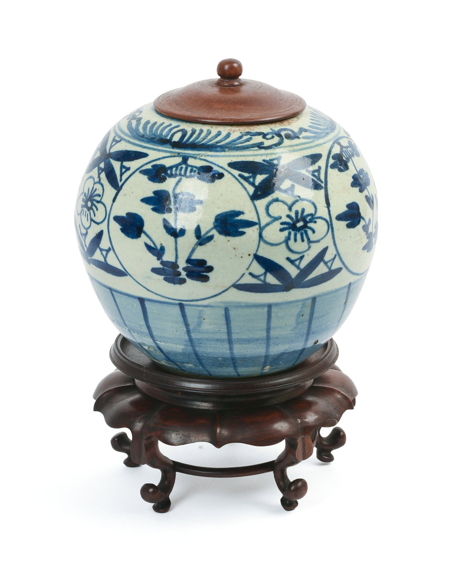Chinese Blue and White Ginger Jar Hardwood Stand.: Height of jar 9 inches. Good condition, later lid.