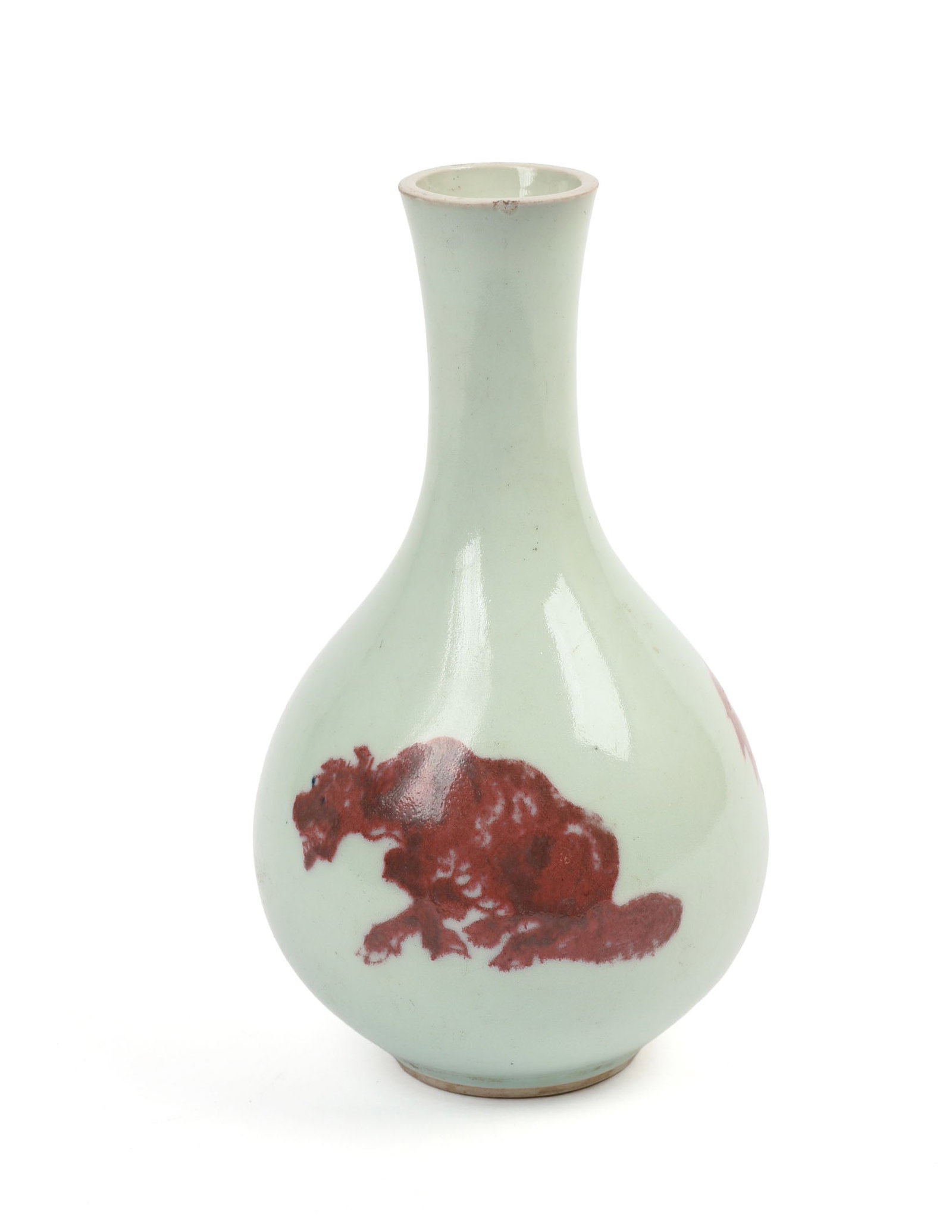 Chinese Porcelain Vase With Foo Dogs.: Height 7.5 inches. Small chip at rim.