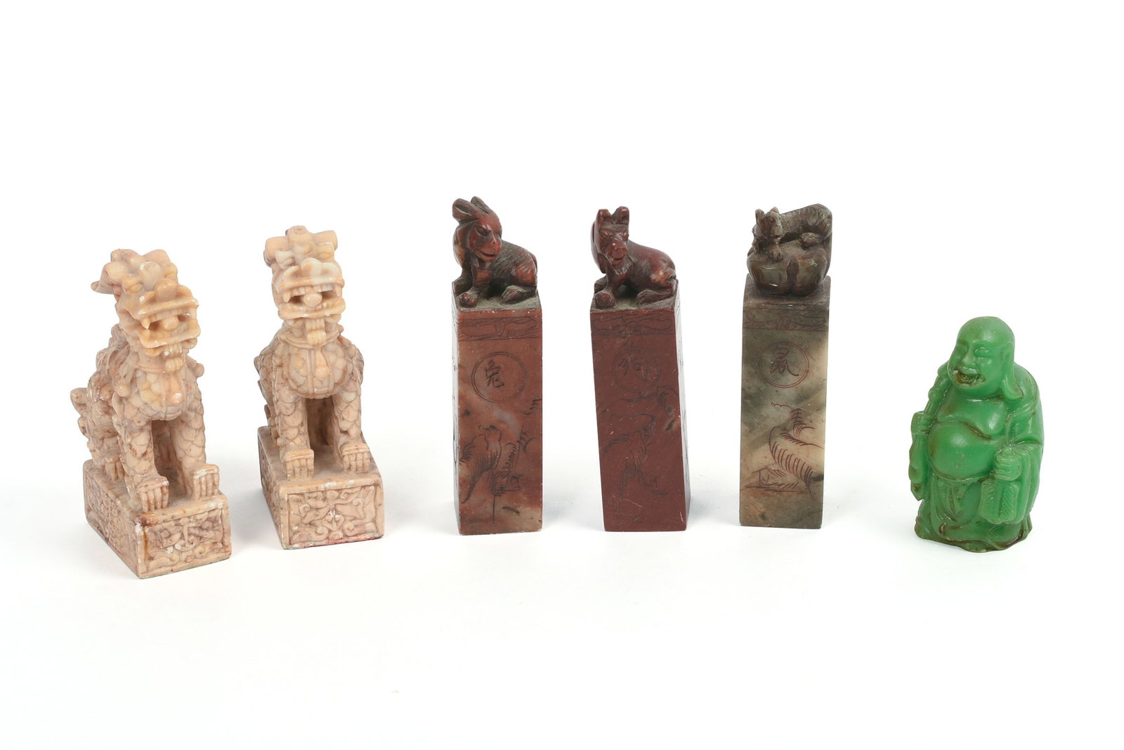 Five Chinese Seals and a Buddha.: Height of tallest 3.5 inches.