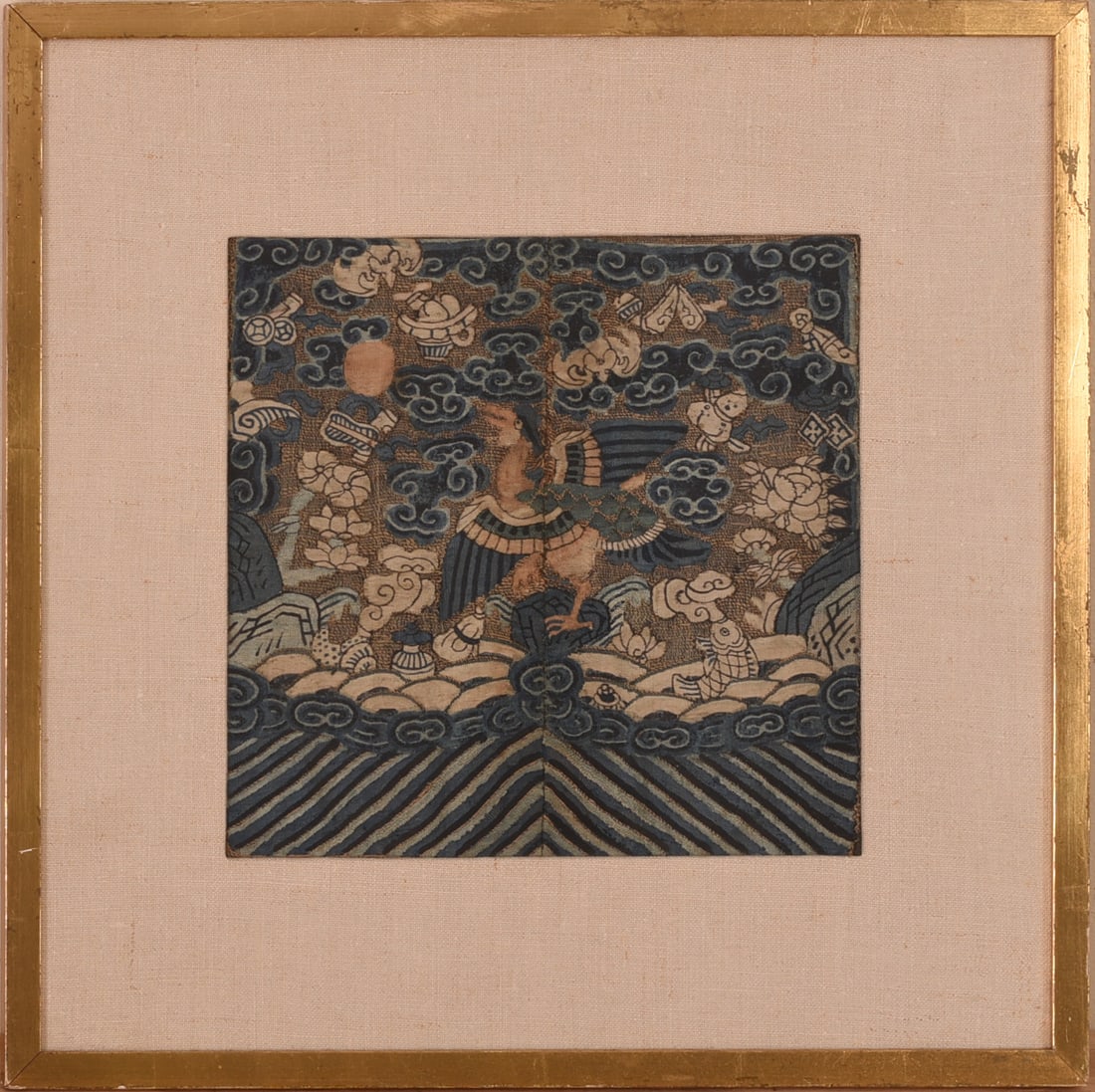 Chinese Embroidered Panel With Fish.: 9.5 x 10 inches, sight. Framed, 17 x 17 inches.