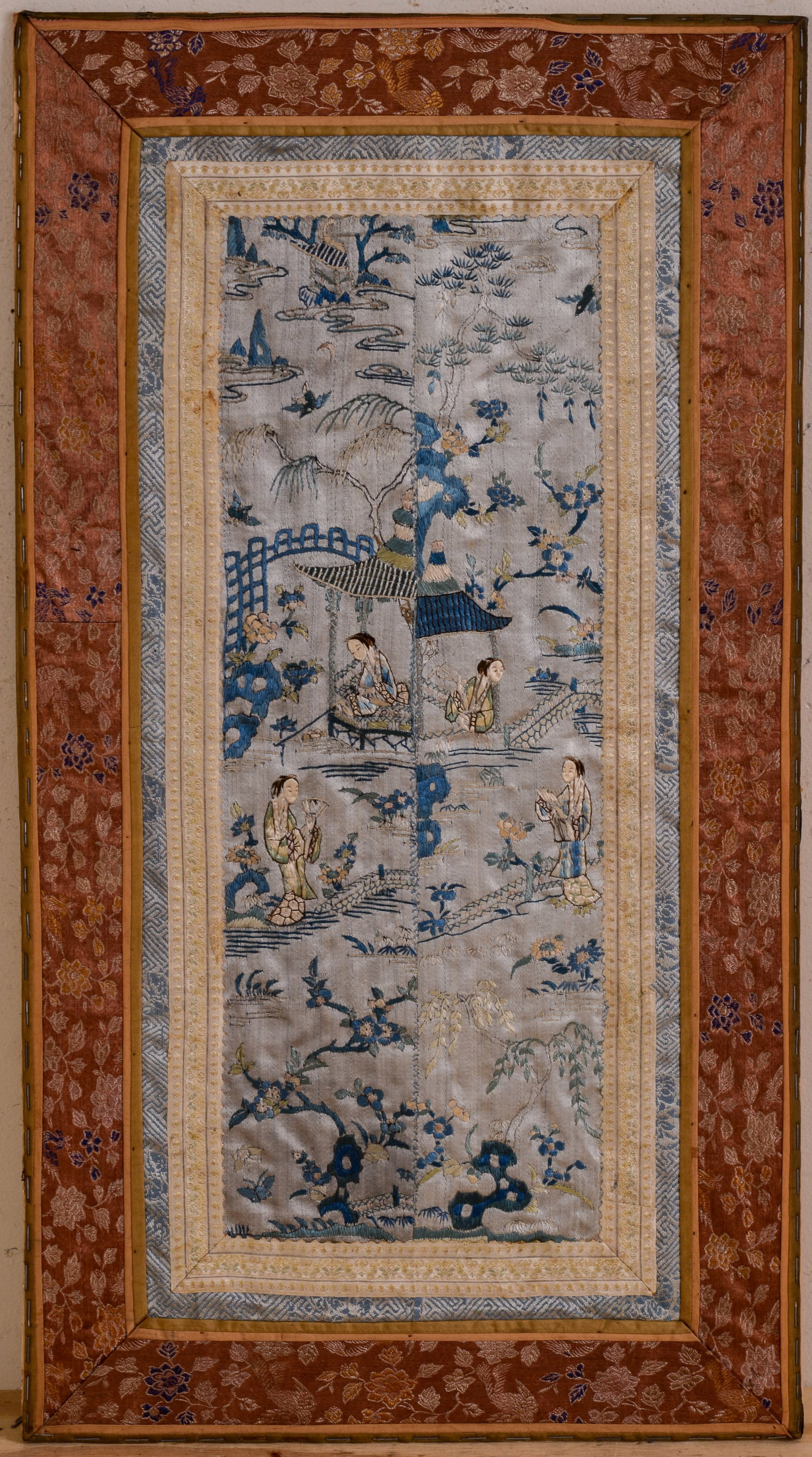 Chinese Embroidered Panel.: 24.5 x 13.5 inches. A few spots of staining.