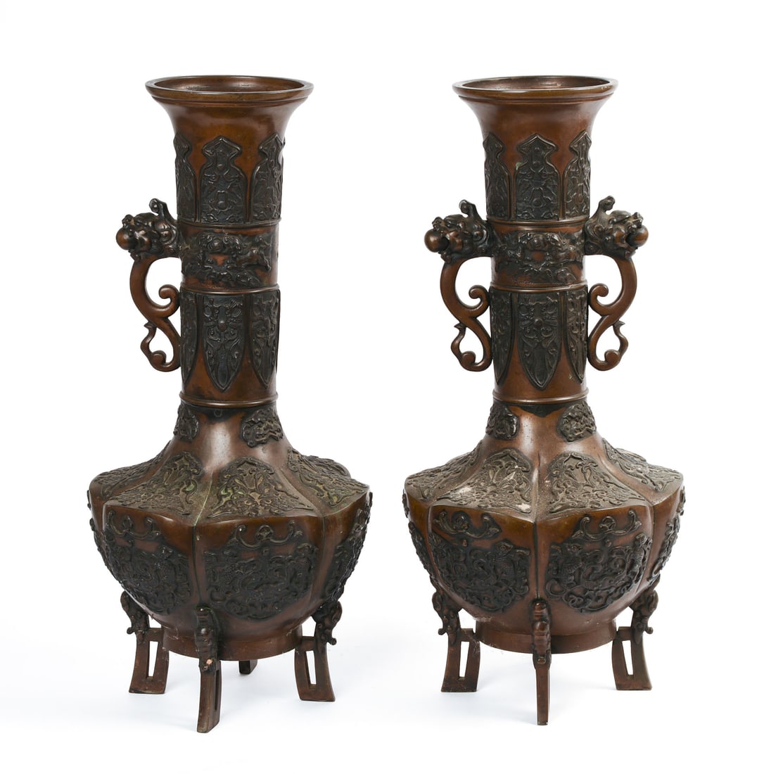 Pair of Large Chinese Bronze Vases.: Height 20 inches. Heavy. Drilled, one lacking handle.