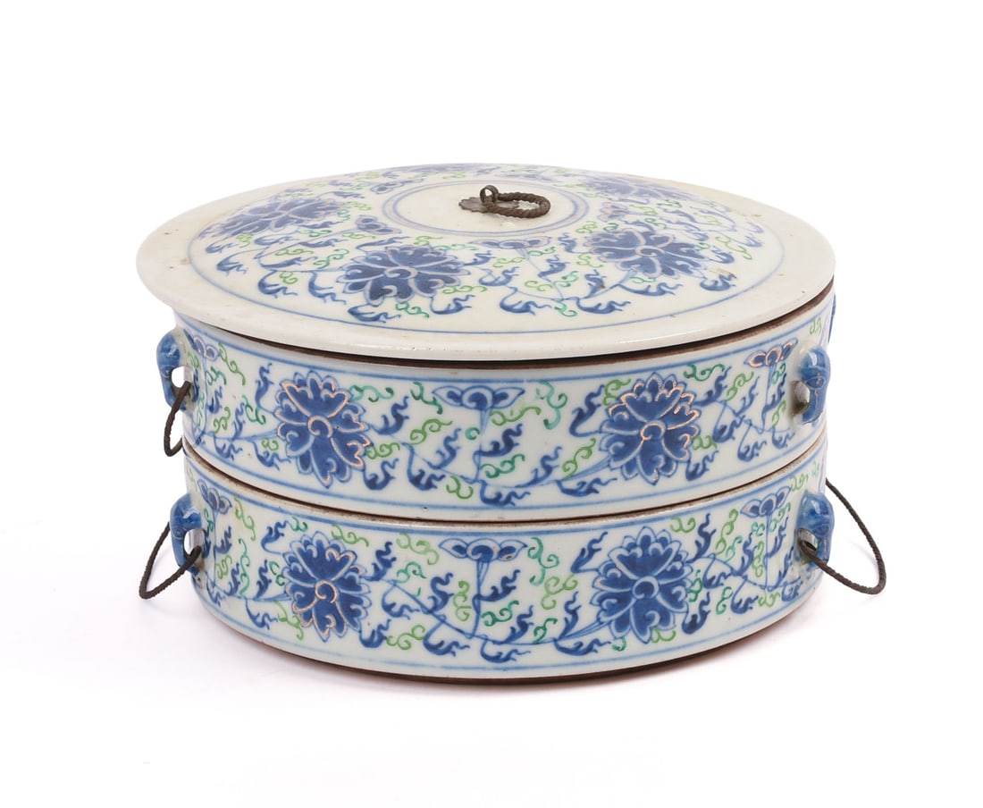 Two Tiered Ceramic Food Carrier.: Height 5 inches, diameter 8 inches. Hairline crack to bottom.