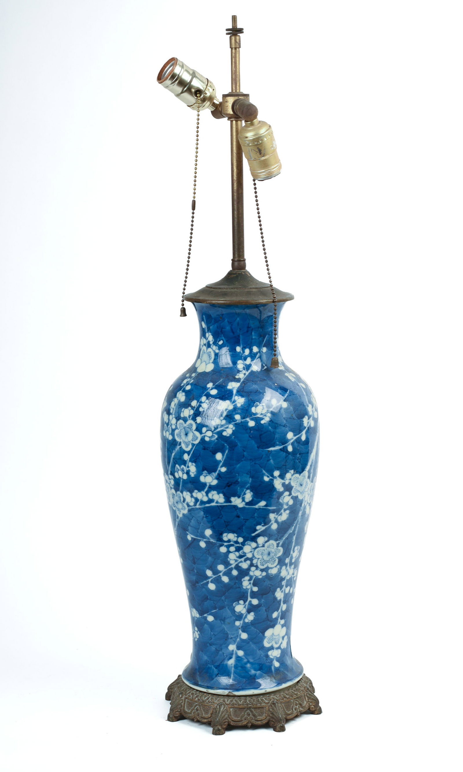 Chinese Porcelain Blue & White Lamp With Prunus Blossom.: Height of vase 15 inches, overall height 28 inches.