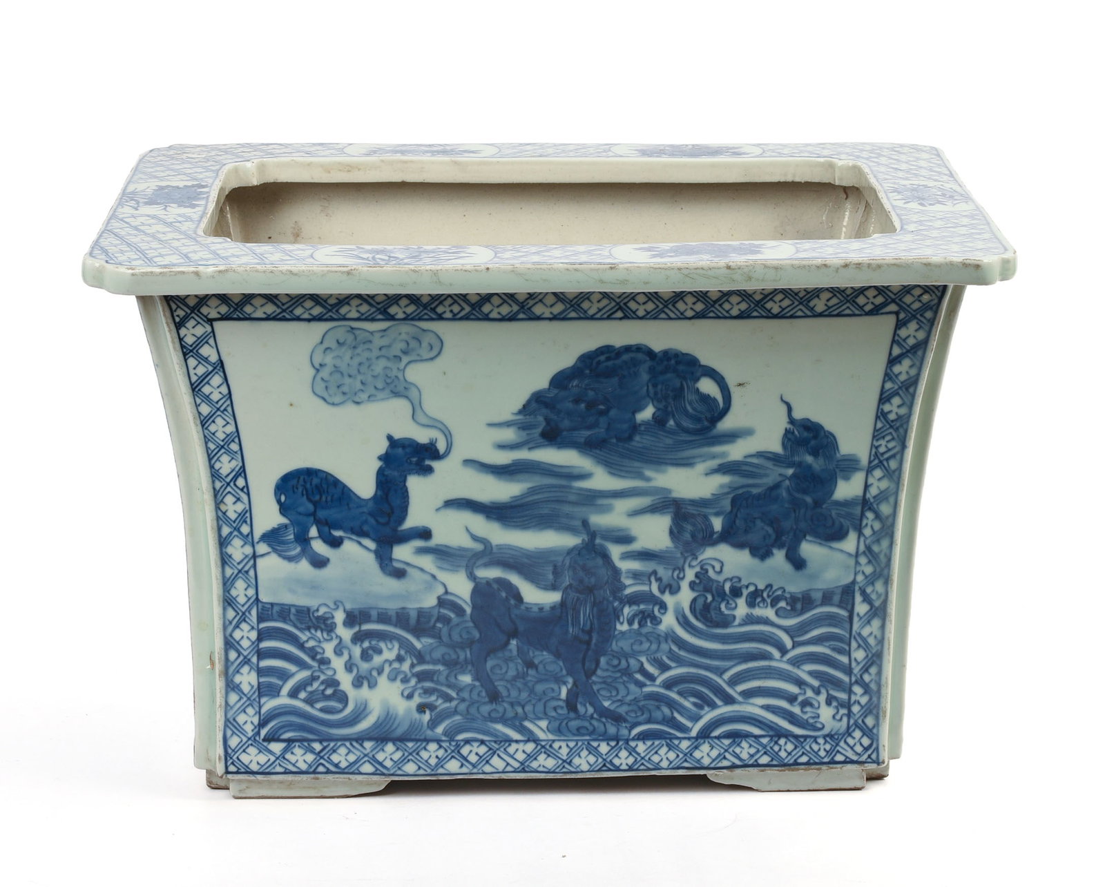 Large Chinese Blue & White Jardiniere.: 9.5 x 15.5 x 11.25 inches. Drilled.